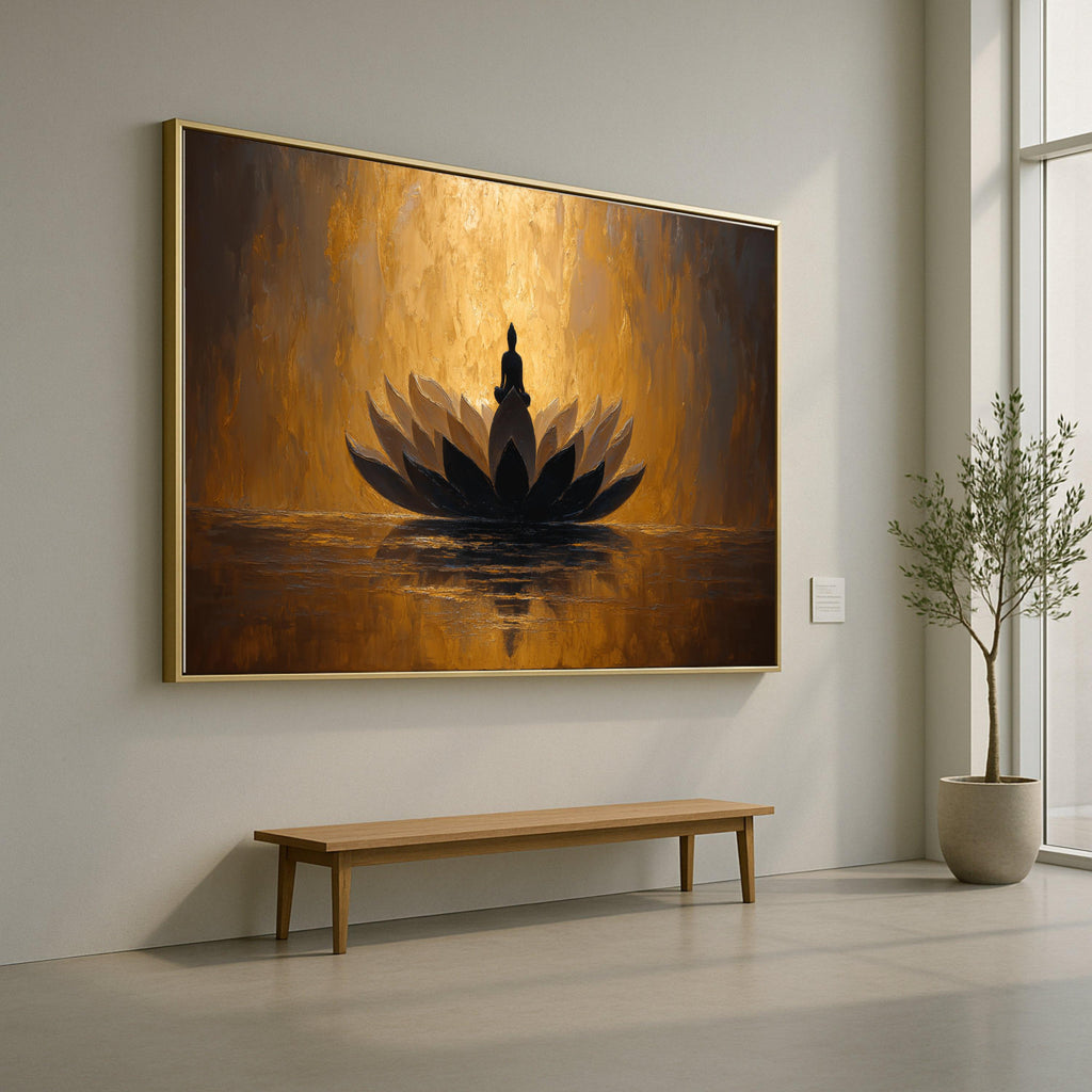 Meditative Buddha on Lotus Flower Canvas, Spiritual Wall Art, Golden Abstract Painting, Zen Home Decor, Mindfulness Canvas Art, Peaceful