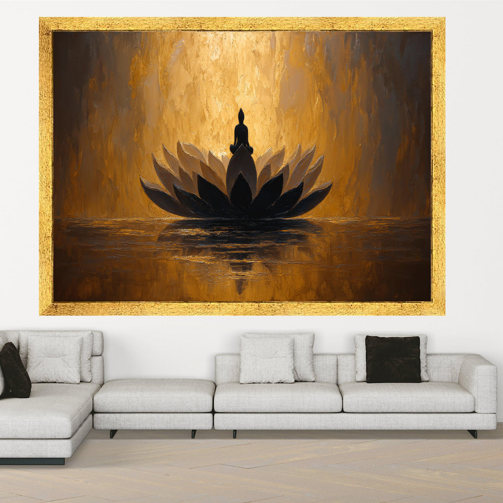 Meditative Buddha on Lotus Flower Canvas, Spiritual Wall Art, Golden Abstract Painting, Zen Home Decor, Mindfulness Canvas Art, Peaceful