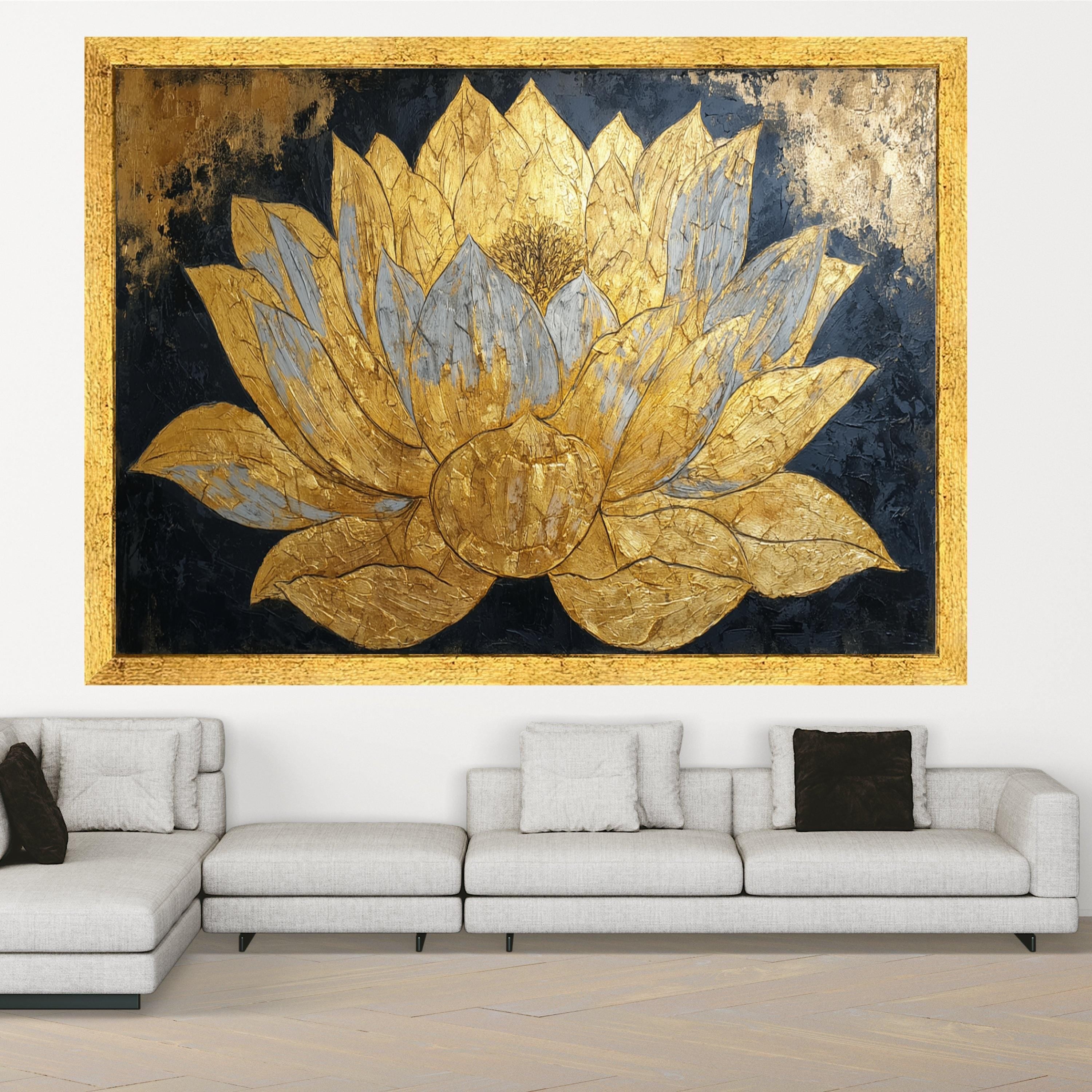 Golden Lotus Flower Canvas Wall Art, Metallic Floral Painting, Elegant Home Decoration, Modern Asian Inspired Canvas Art