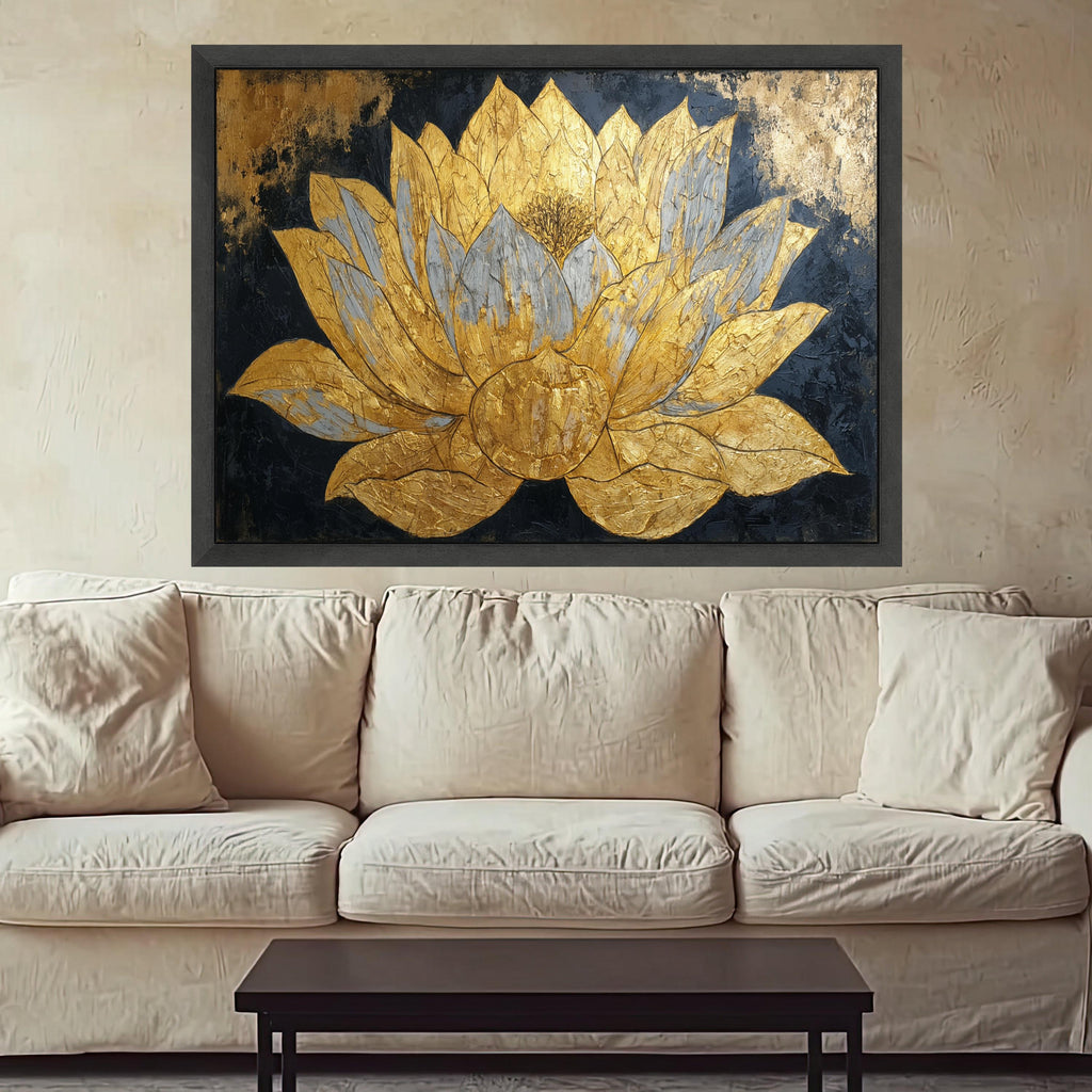 Golden Lotus Flower Canvas Wall Art, Metallic Floral Painting, Elegant Home Decoration, Modern Asian Inspired Canvas Art