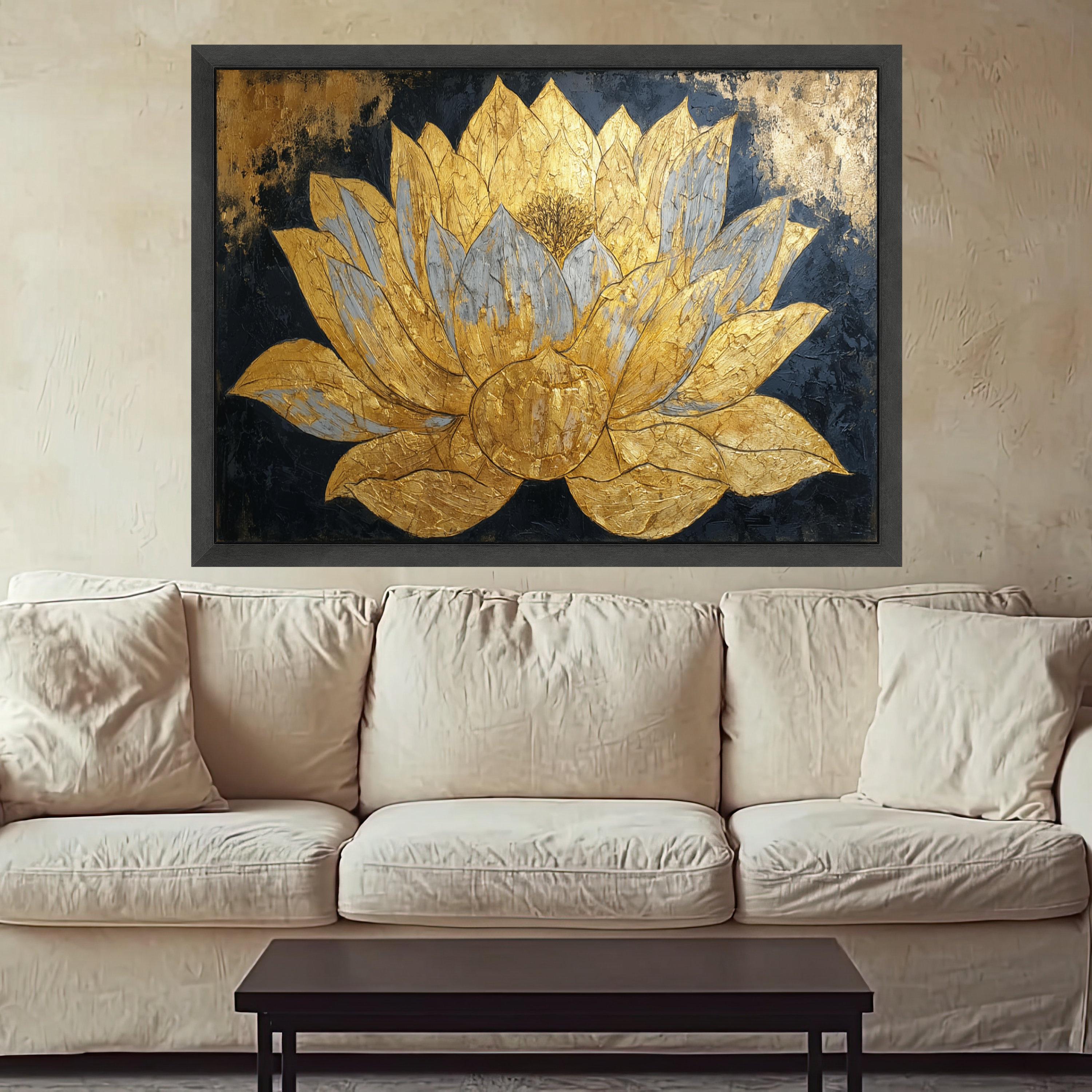 Golden Lotus Flower Canvas Wall Art, Metallic Floral Painting, Elegant Home Decoration, Modern Asian Inspired Canvas Art