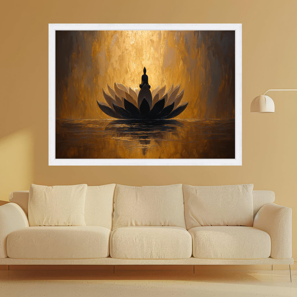 Meditative Buddha on Lotus Flower Canvas, Spiritual Wall Art, Golden Abstract Painting, Zen Home Decor, Mindfulness Canvas Art, Peaceful