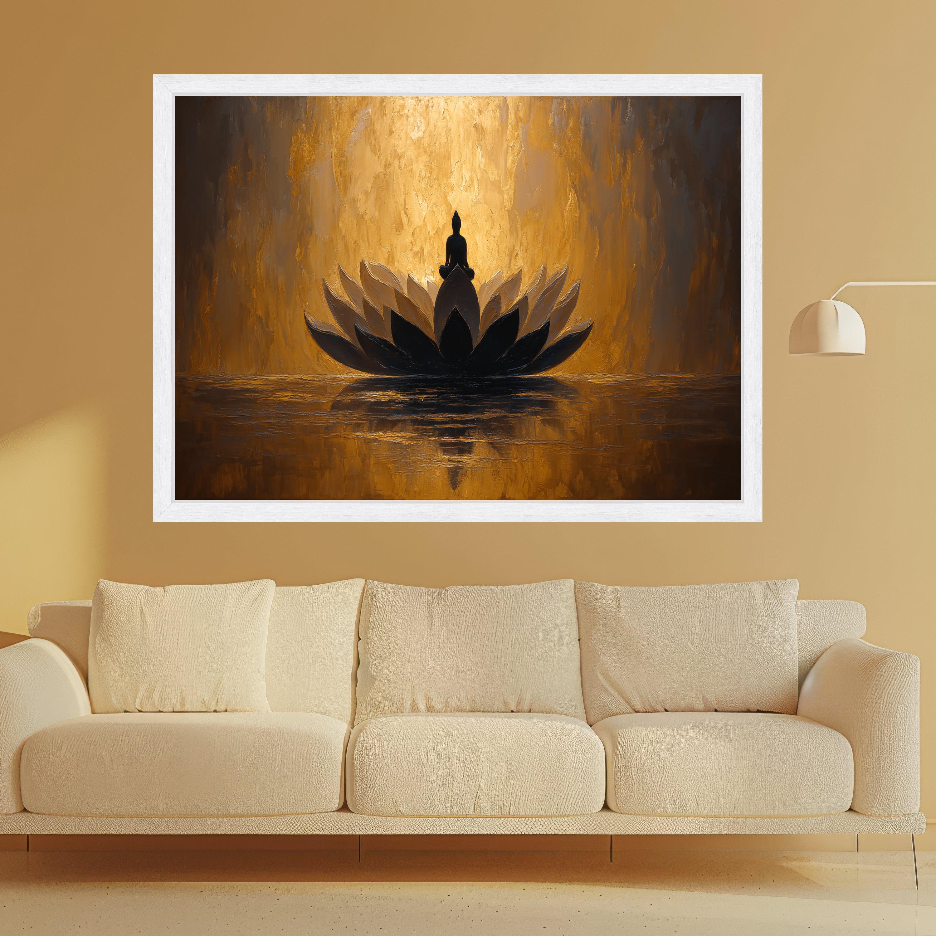Meditative Buddha on Lotus Flower Canvas, Spiritual Wall Art, Golden Abstract Painting, Zen Home Decor, Mindfulness Canvas Art, Peaceful