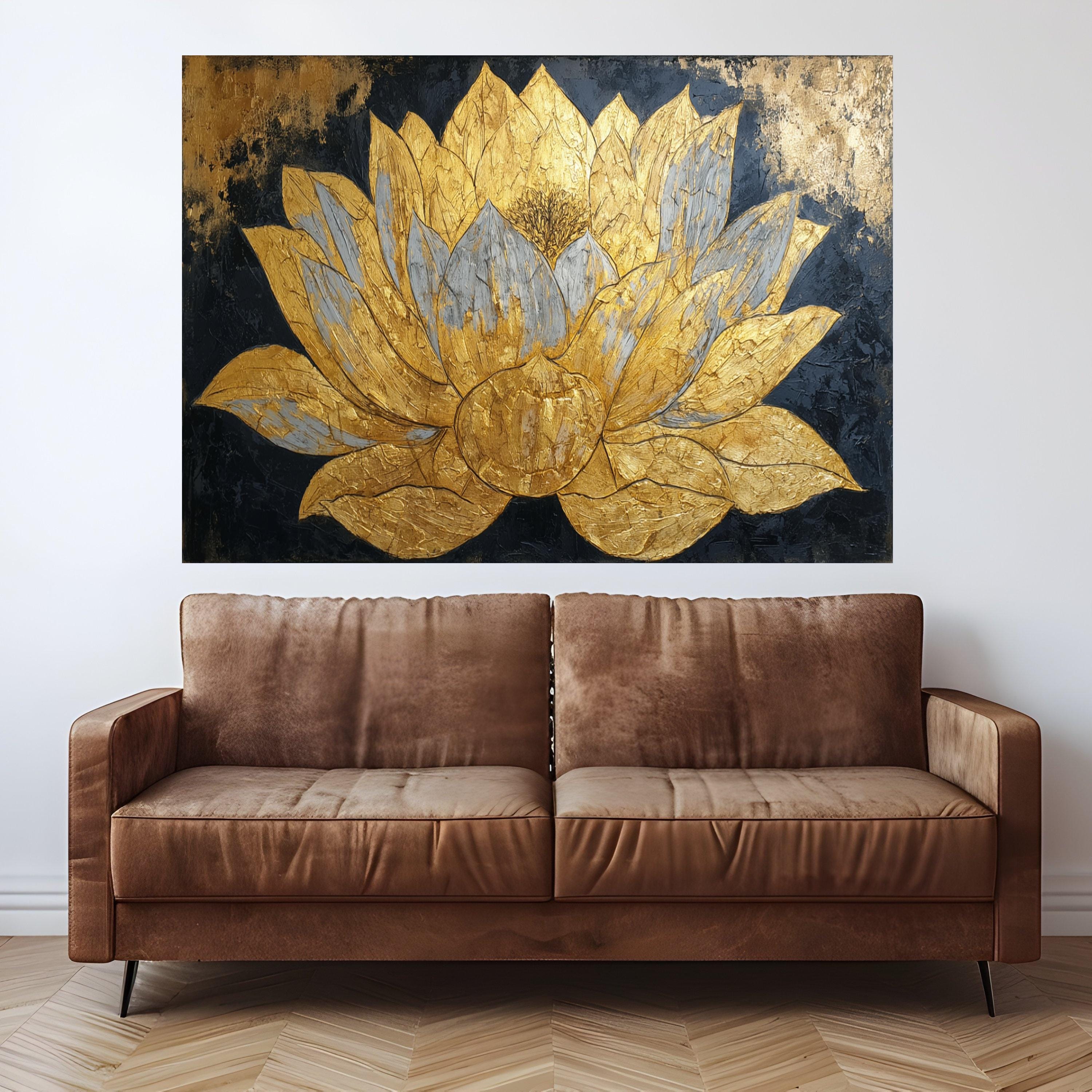 Golden Lotus Flower Canvas Wall Art, Metallic Floral Painting, Elegant Home Decoration, Modern Asian Inspired Canvas Art