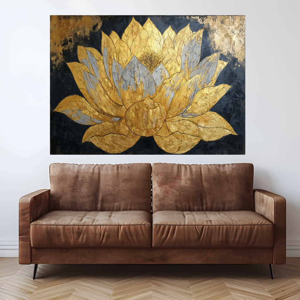 Golden Lotus Flower Canvas Wall Art, Metallic Floral Painting, Elegant Home Decoration, Modern Asian Inspired Canvas Art