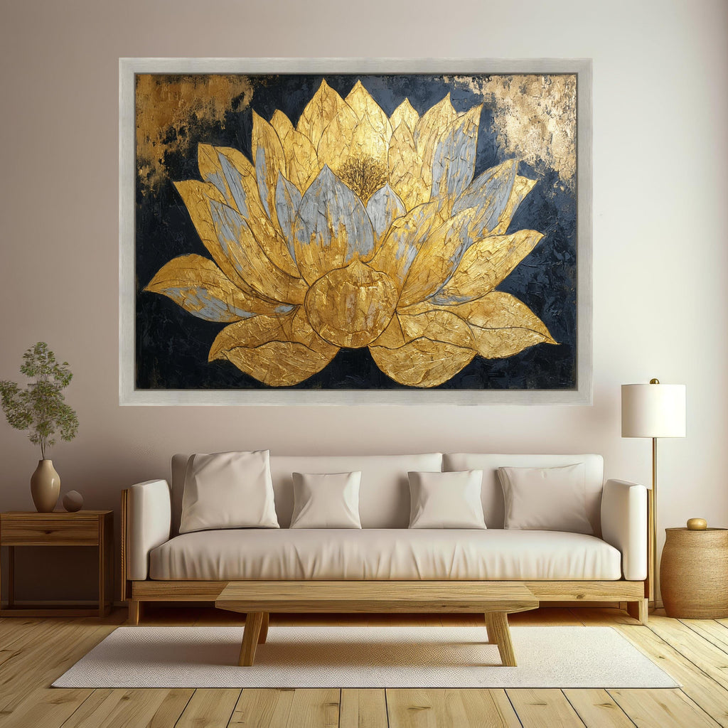 Golden Lotus Flower Canvas Wall Art, Metallic Floral Painting, Elegant Home Décor, Modern Abstract Botanical Canvas