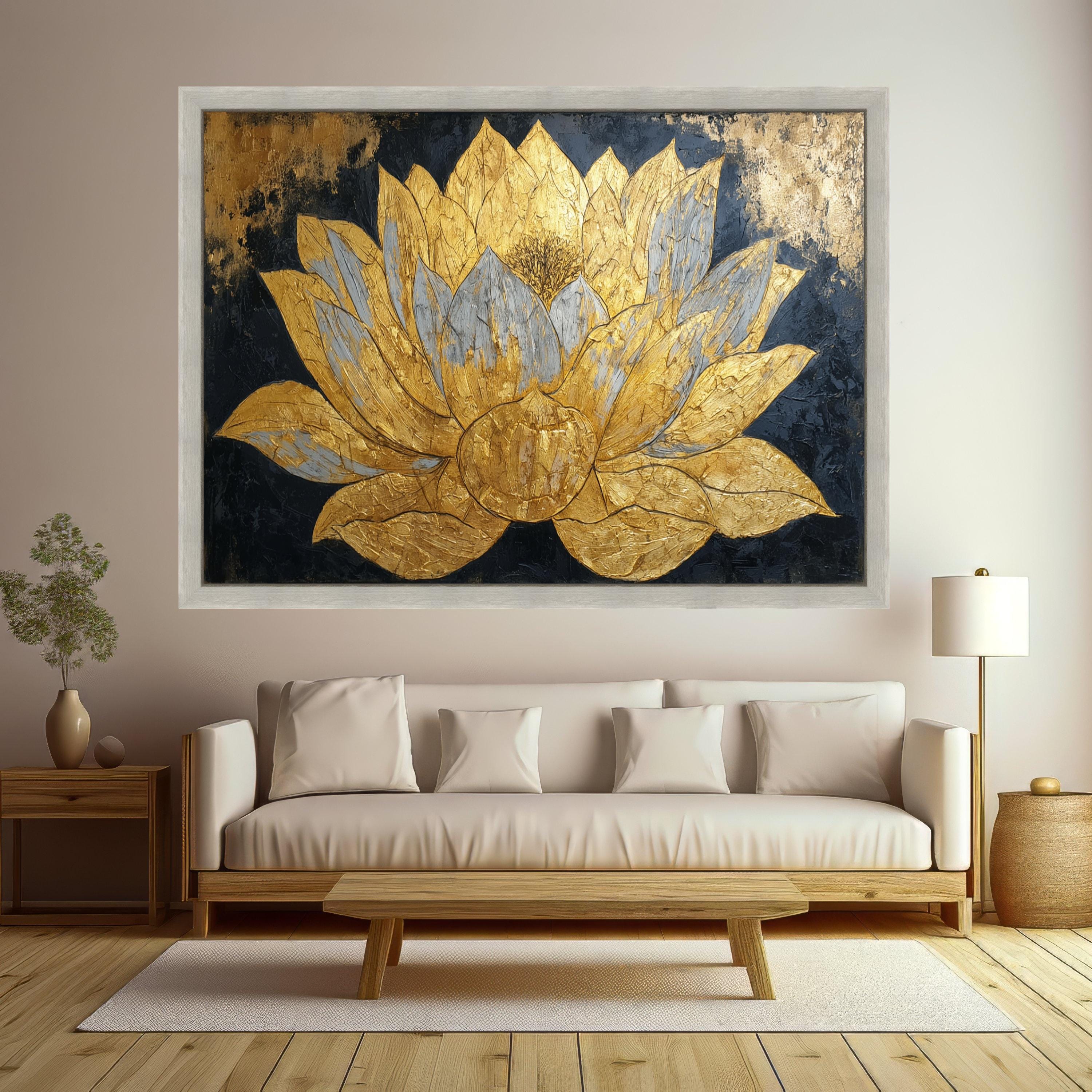 Golden Lotus Flower Canvas Wall Art, Metallic Floral Painting, Elegant Home Décor, Modern Abstract Botanical Canvas