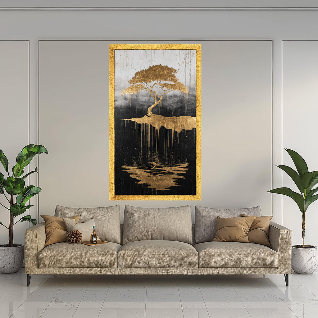 Golden Tree of Life, Abstract Floating Island Canvas, Metallic Gold Wall Art, Reflective Nature Design, Modern Home Decoration