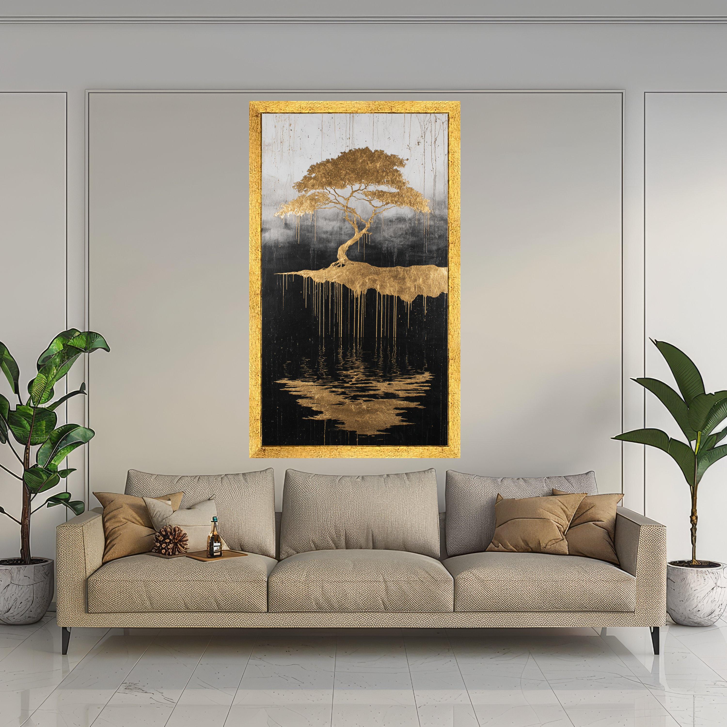 Golden Tree of Life, Abstract Floating Island Canvas, Metallic Gold Wall Art, Reflective Nature Design, Modern Home Decoration