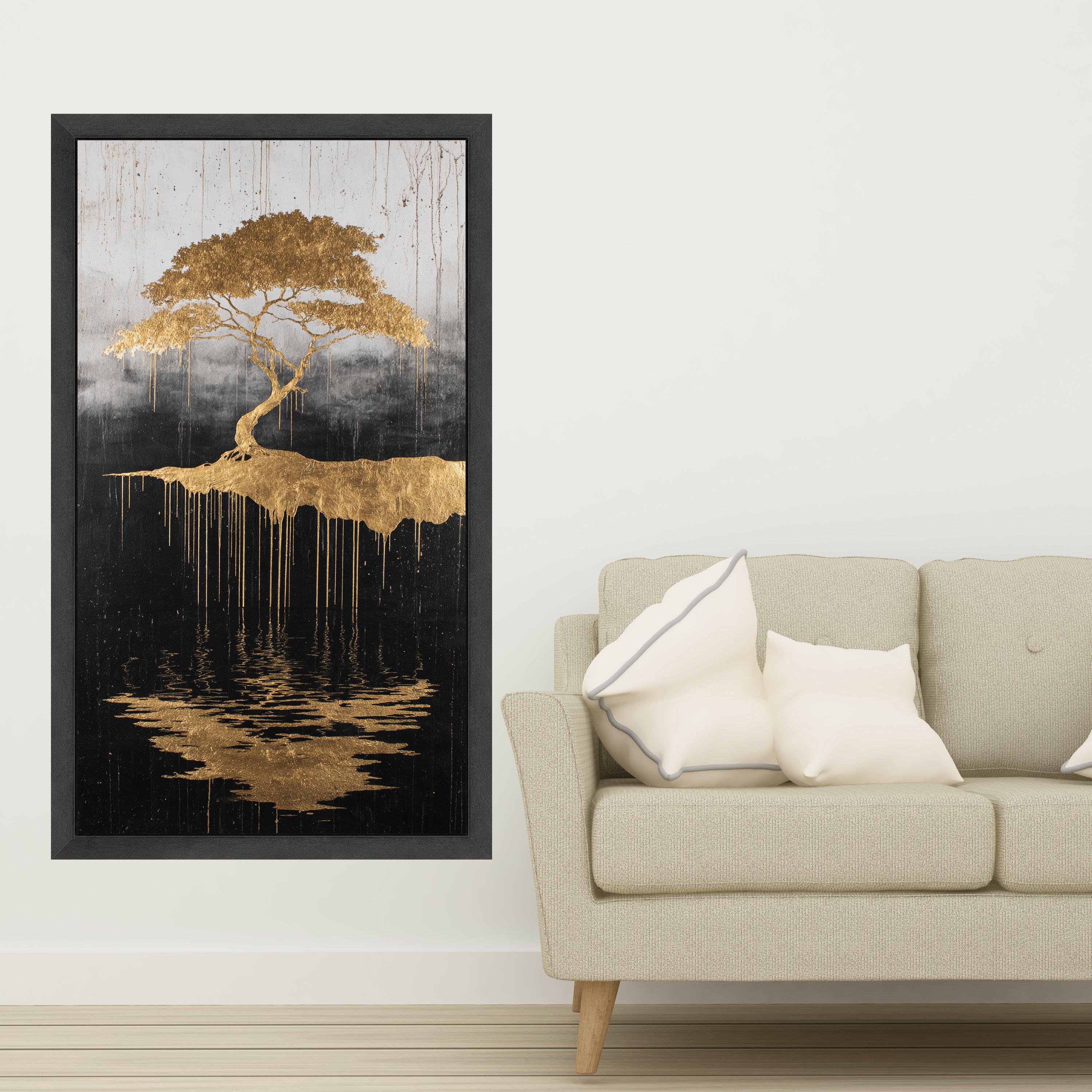 Golden Tree of Life, Abstract Floating Island Canvas, Metallic Gold Wall Art, Reflective Nature Design, Modern Home Decoration