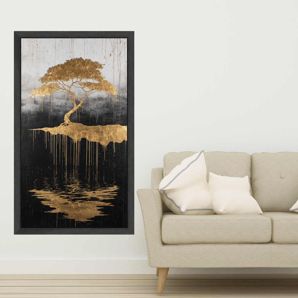 Golden Tree of Life, Abstract Floating Island Canvas, Metallic Gold Wall Art, Reflective Nature Design, Modern Home Decoration