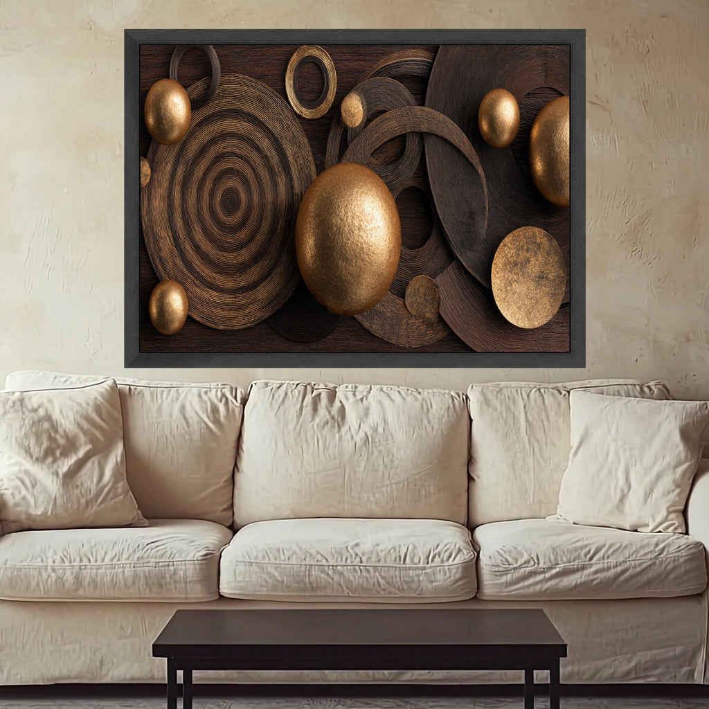 Modern Metallic Circles Canvas Wall Art, Abstract Gold and Bronze Sphere Decoration, Geometric Canvas for Living Room