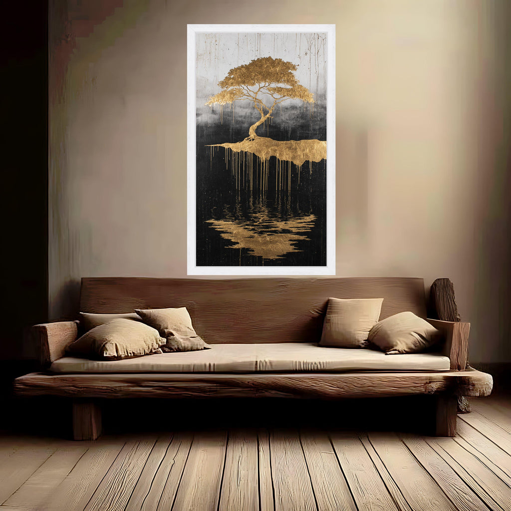 Golden Tree of Life, Abstract Floating Island Canvas, Metallic Gold Wall Art, Reflective Nature Design, Modern Home Decoration