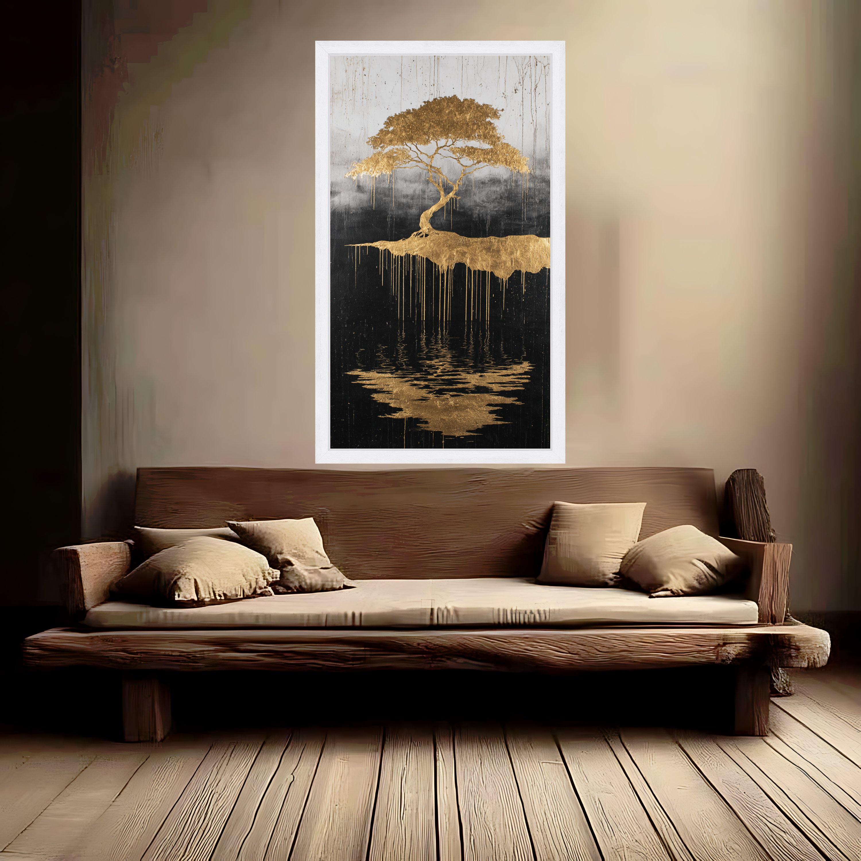 Golden Tree of Life, Abstract Floating Island Canvas, Metallic Gold Wall Art, Reflective Nature Design, Modern Home Decoration