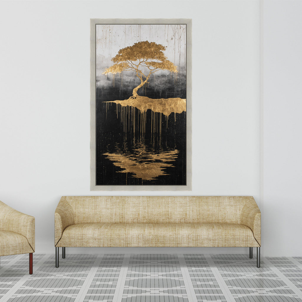 Golden Tree of Life, Abstract Floating Island Canvas, Metallic Gold Wall Art, Reflective Nature Design, Modern Home Decoration