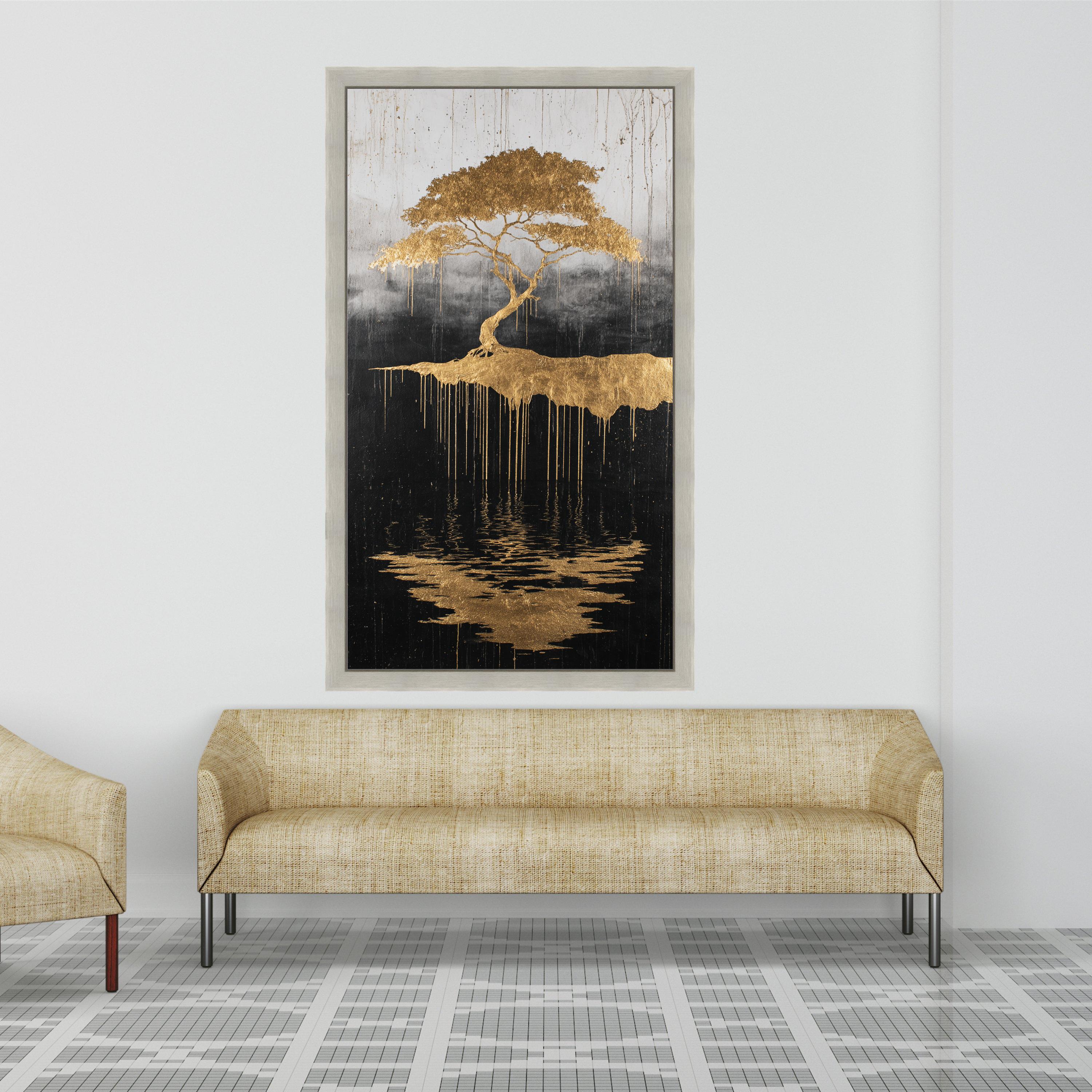 Golden Tree of Life, Abstract Floating Island Canvas, Metallic Gold Wall Art, Reflective Nature Design, Modern Home Decoration