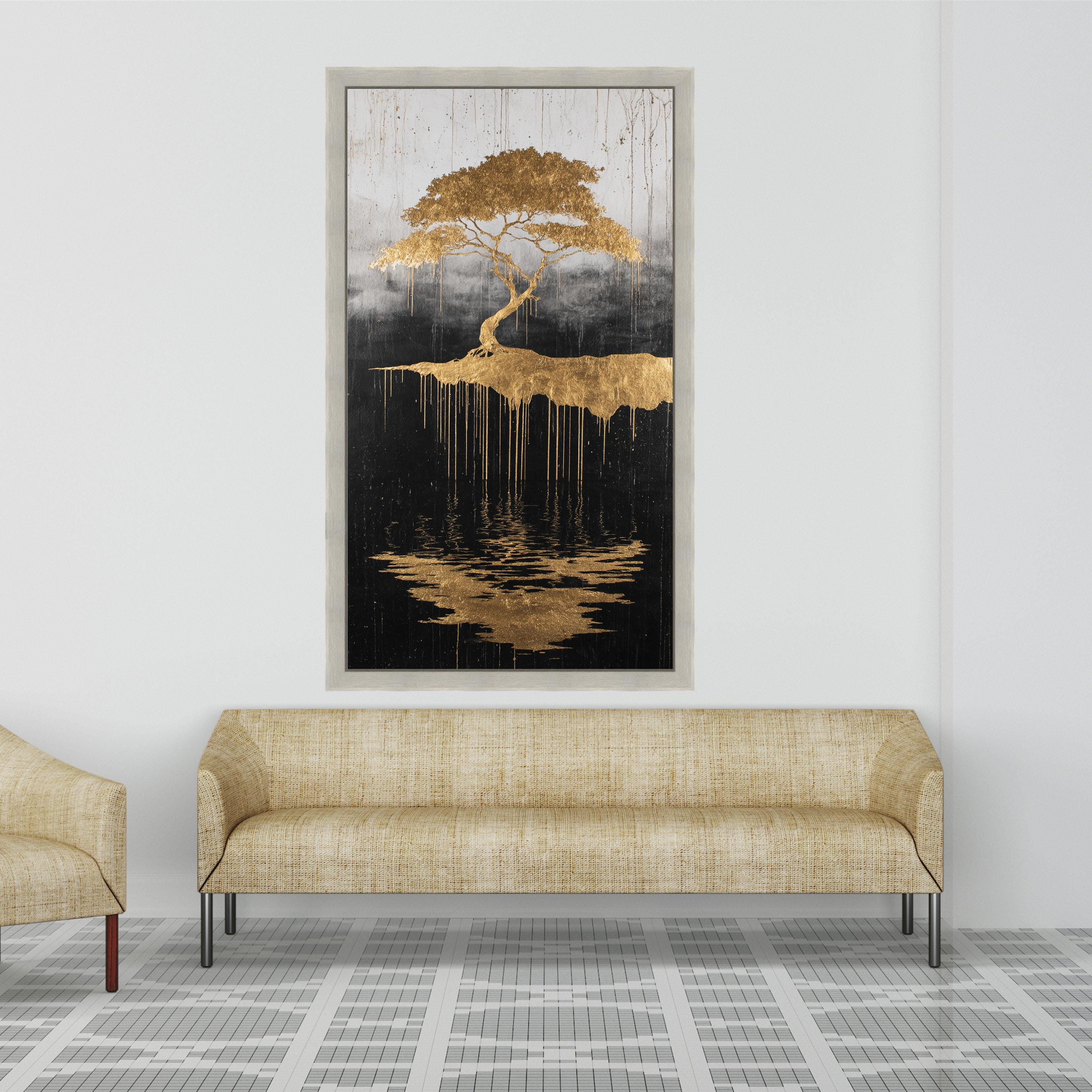 Golden Tree of Life, Abstract Floating Island Canvas, Metallic Gold Wall Art, Reflective Nature Design, Modern Home Decoration