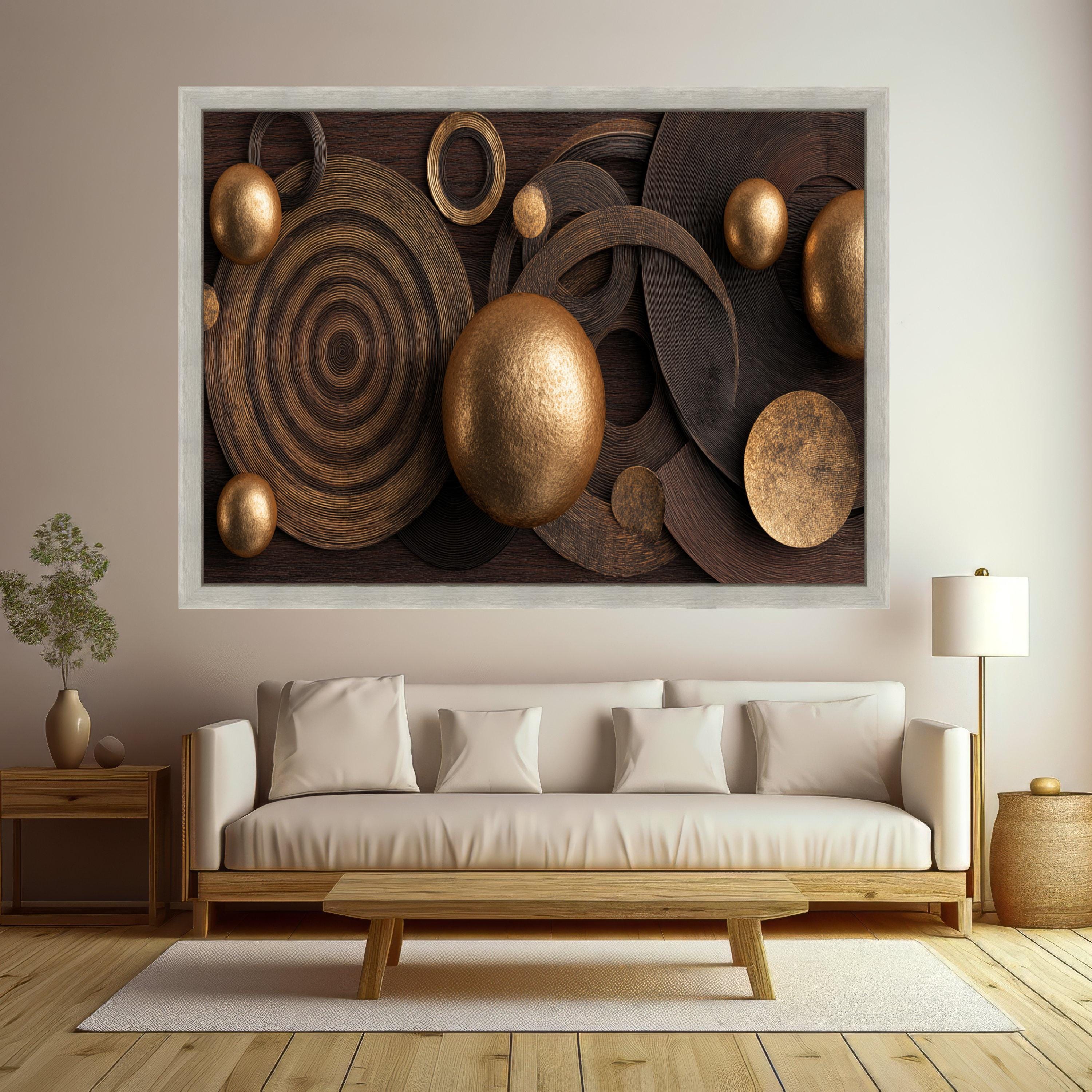 Modern Metallic Circles Canvas Wall Art, Abstract Gold and Bronze Sphere Decoration, Geometric Canvas for Living Room