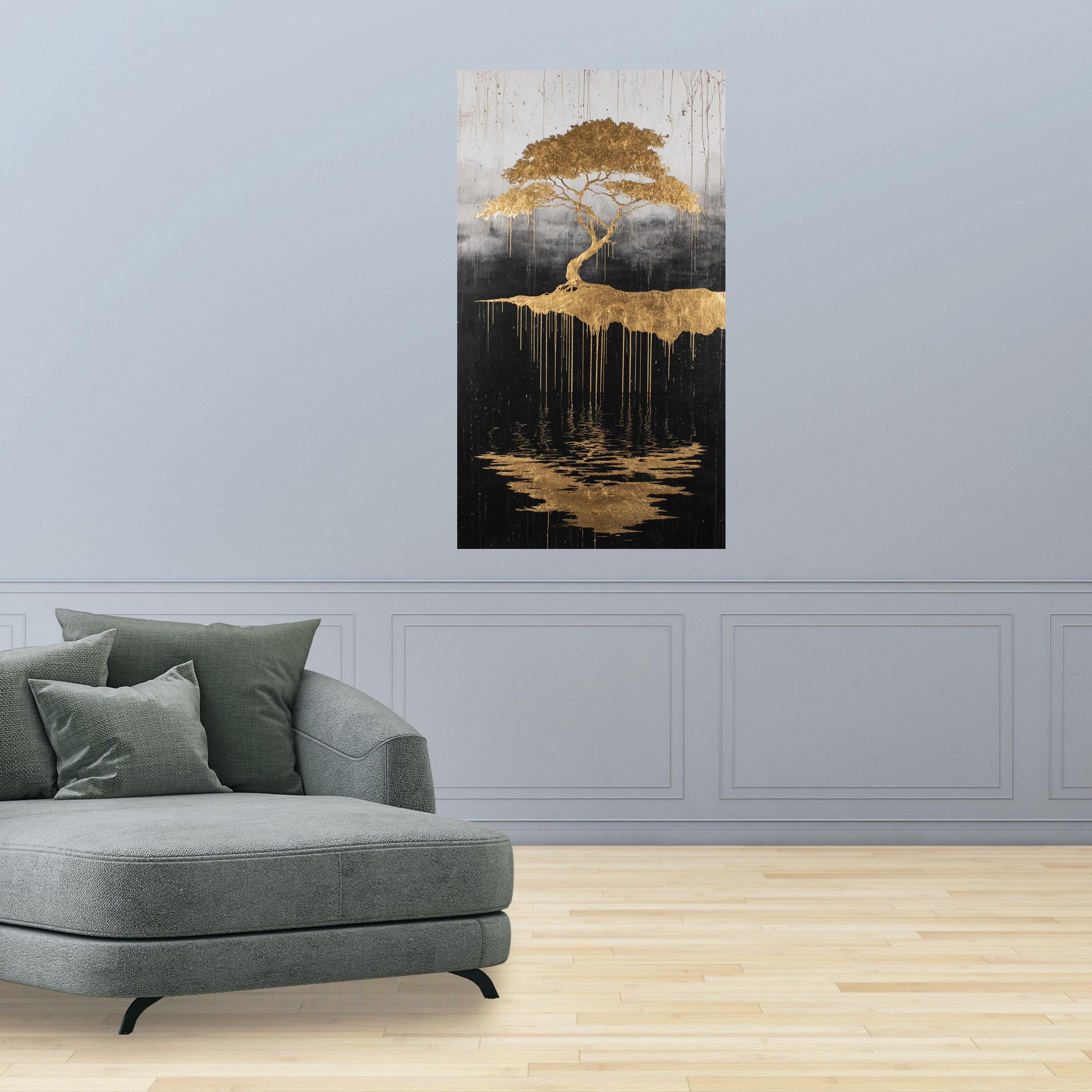 Golden Tree of Life, Abstract Floating Island Canvas, Metallic Gold Wall Art, Reflective Nature Design, Modern Home Decoration