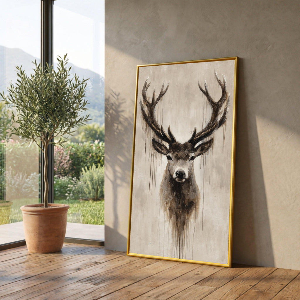 Majestic Deer Portrait Canvas, Rustic Wildlife Wall Art, Brown Antlers Painting, Nature Decor, Contemporary Animal Canvas, Ready to Hang