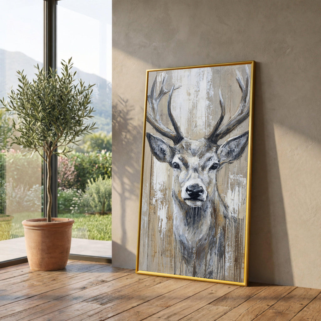 Rustic Deer Head Canvas Wall Art, Woodland Animal Painting, Neutral Tones Wildlife Canvas, Farmhouse Rustic Home Decor, Ready to Hang