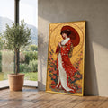 Elegant Geisha Woman Canvas, Red Kimono Art, Asian Cultural Wall Decor, Traditional Japanese Portrait, Floral Background Canvas