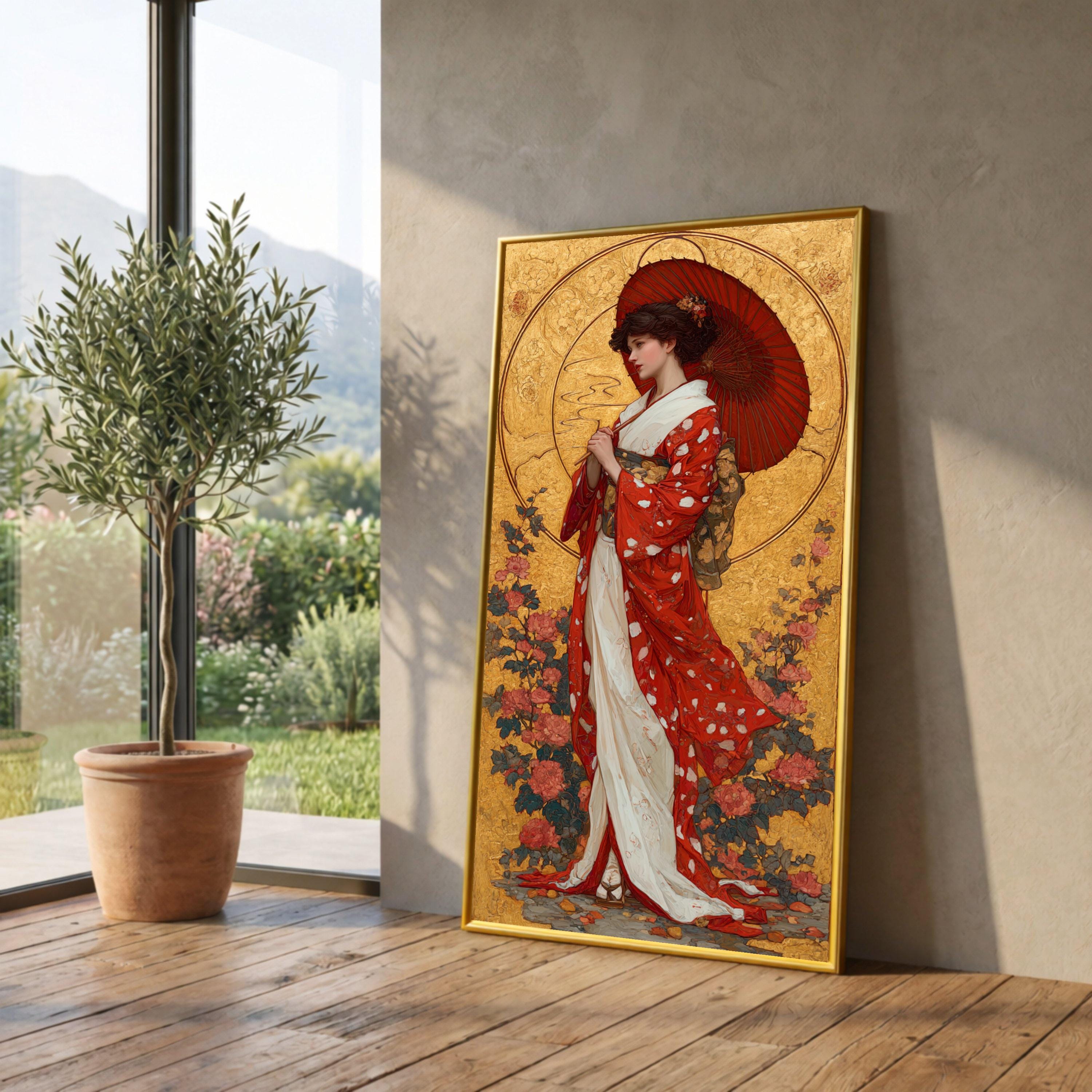 Elegant Geisha Woman Canvas, Red Kimono Art, Asian Cultural Wall Decor, Traditional Japanese Portrait, Floral Background Canvas