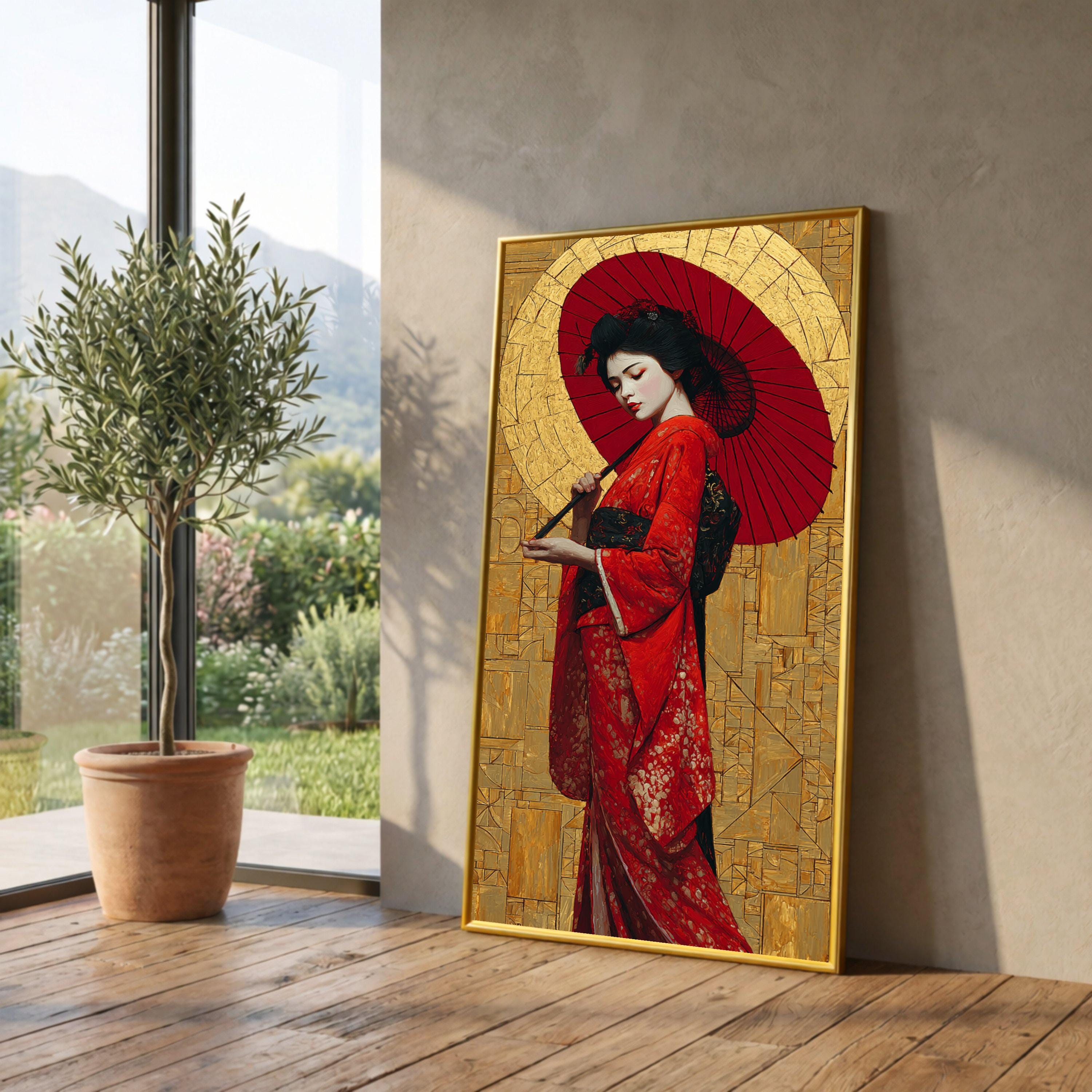 Elegant Geisha in Red Kimono Canvas, Traditional Japanese Art, Asian Woman with Parasol, Cultural Wall Décor, Oriental Canvas Painting