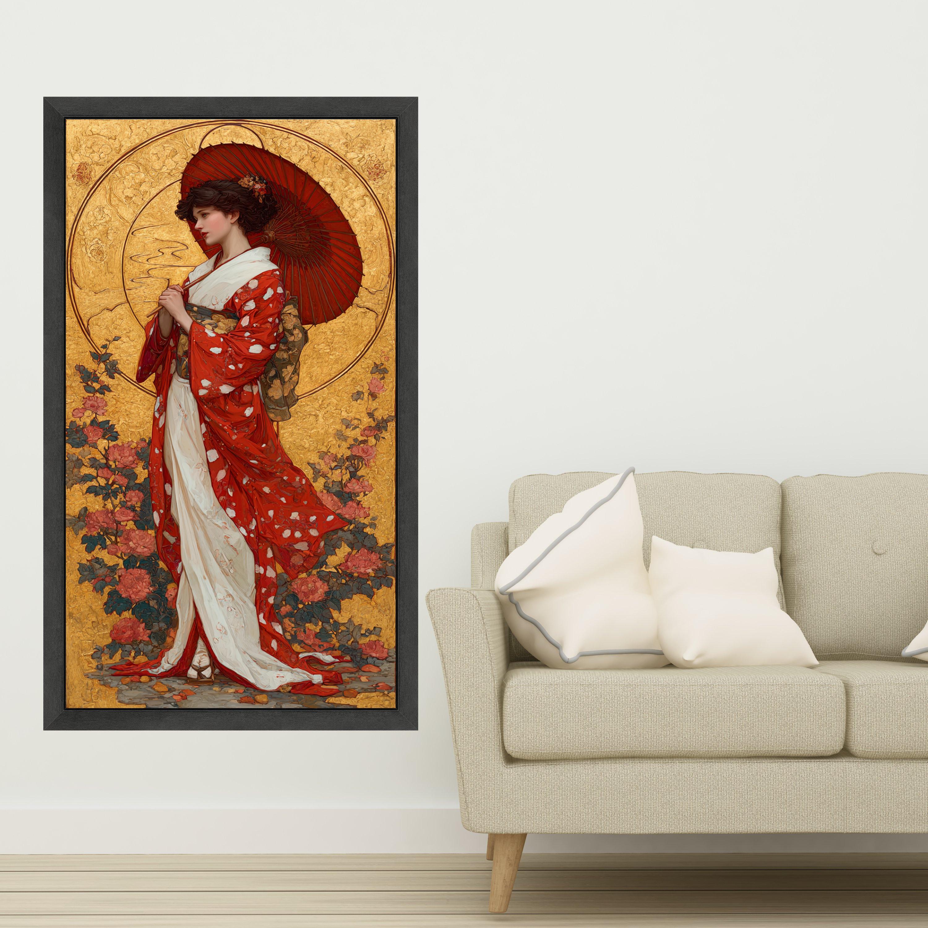Elegant Geisha Woman Canvas, Red Kimono Art, Asian Cultural Wall Decor, Traditional Japanese Portrait, Floral Background Canvas