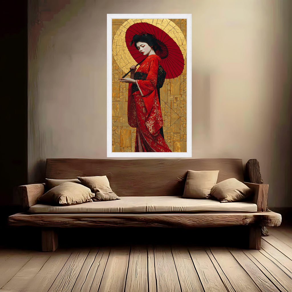 Elegant Geisha in Red Kimono Canvas, Traditional Japanese Art, Asian Woman with Parasol, Cultural Wall Décor, Oriental Canvas Painting