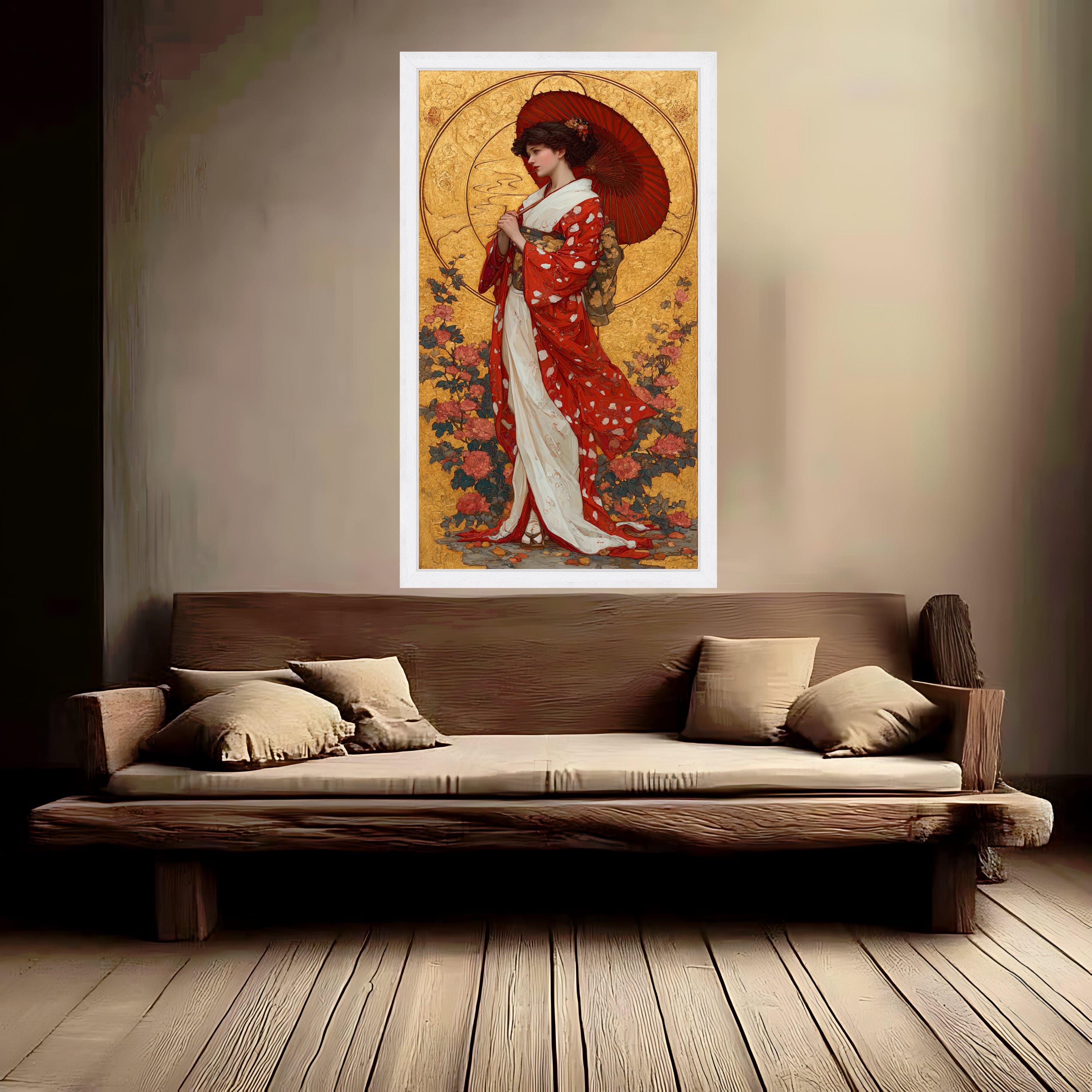 Elegant Geisha Woman Canvas, Red Kimono Art, Asian Cultural Wall Decor, Traditional Japanese Portrait, Floral Background Canvas