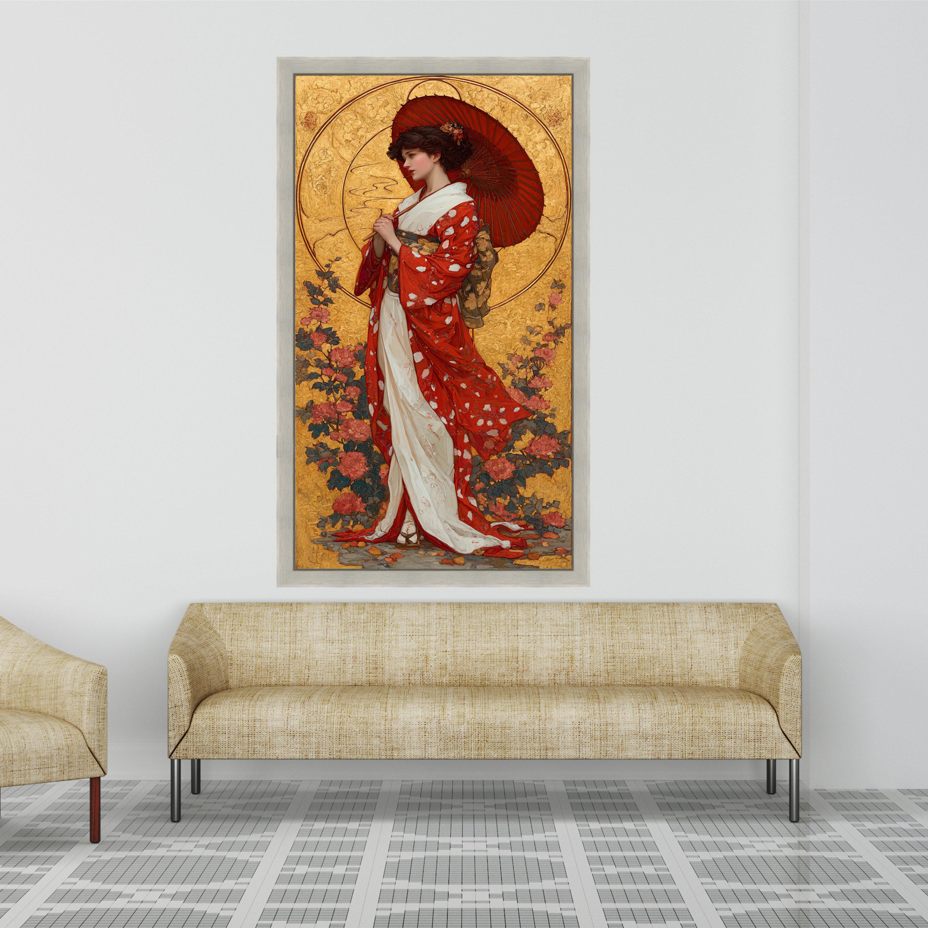 Elegant Geisha Woman Canvas, Red Kimono Art, Asian Cultural Wall Decor, Traditional Japanese Portrait, Floral Background Canvas
