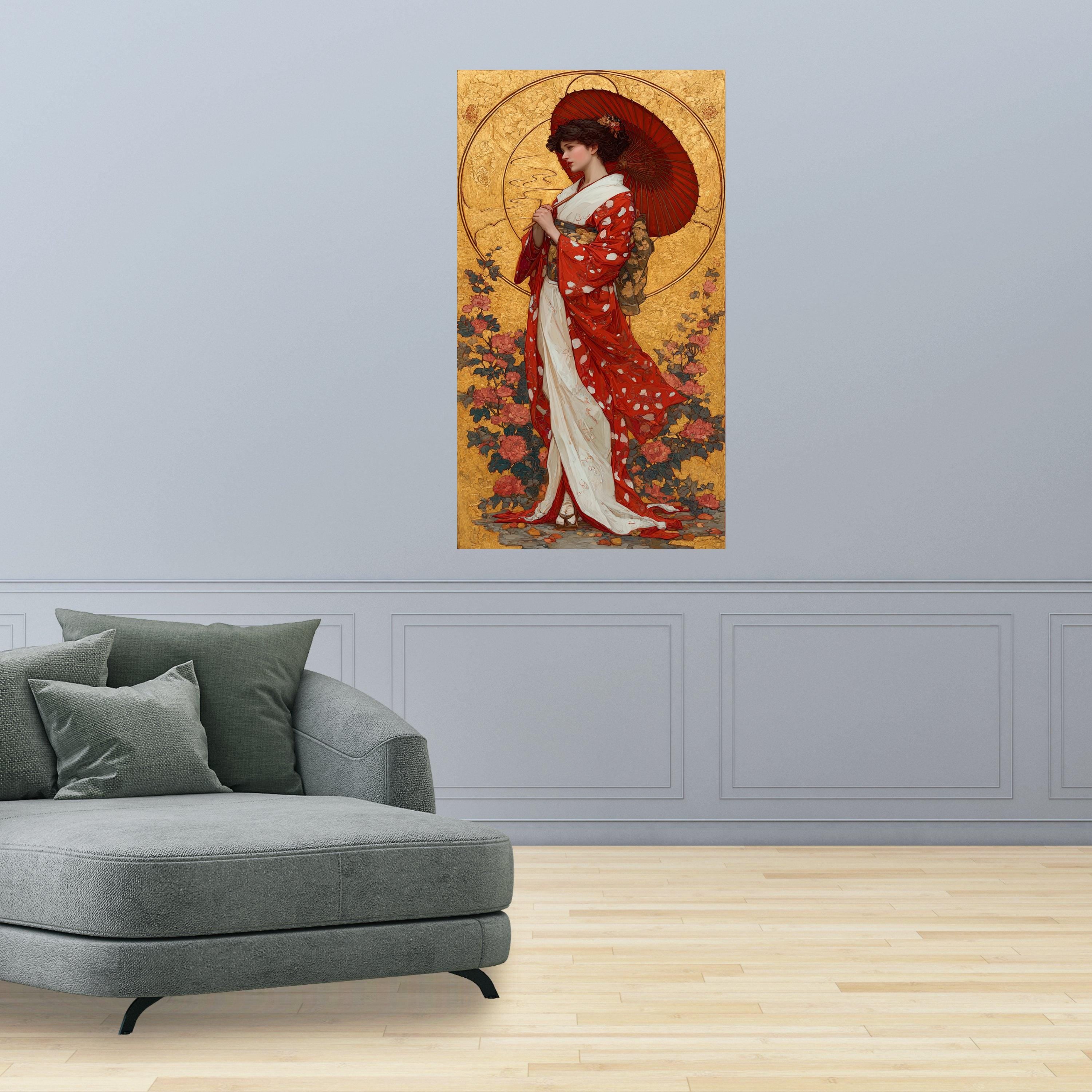 Elegant Geisha Woman Canvas, Red Kimono Art, Asian Cultural Wall Decor, Traditional Japanese Portrait, Floral Background Canvas