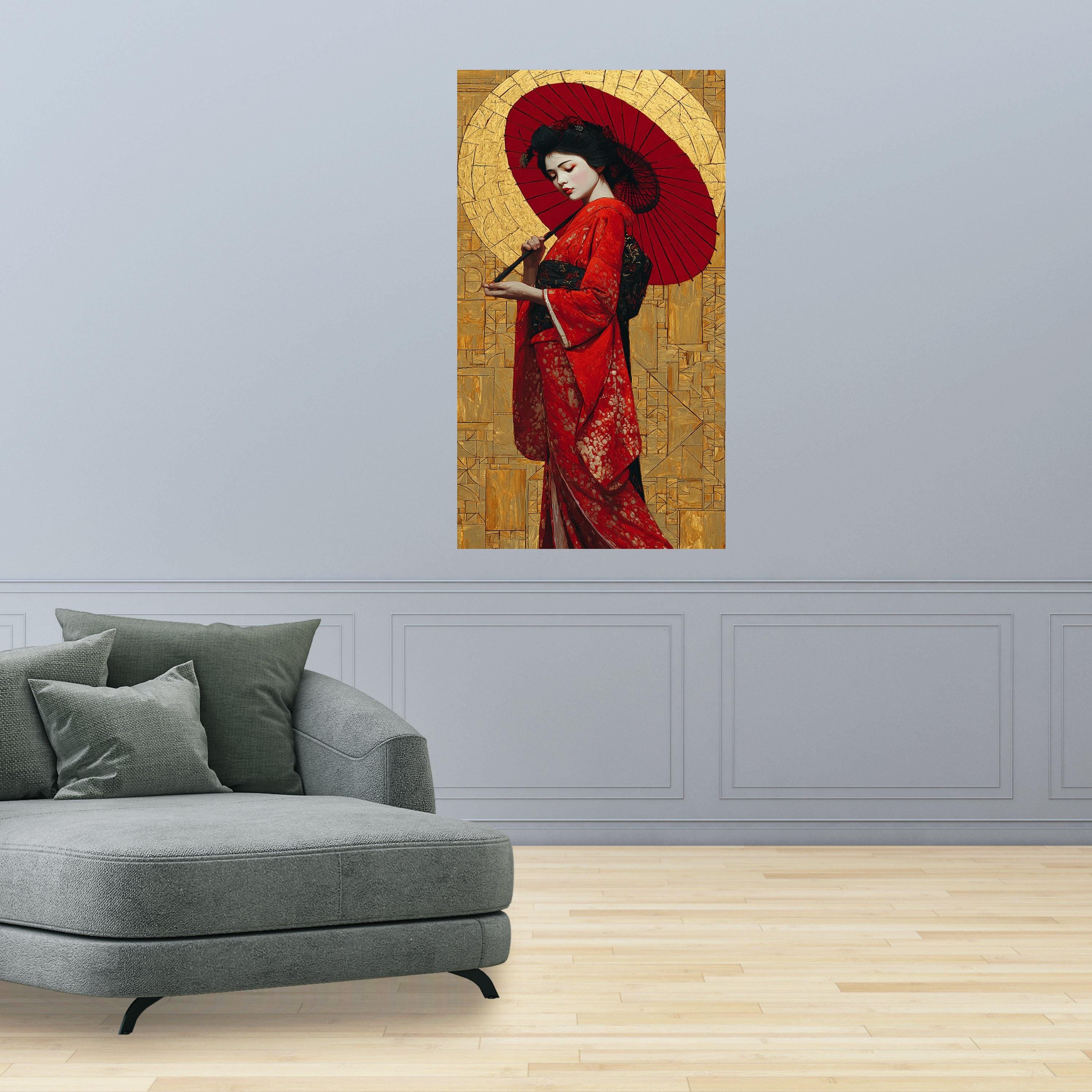 Elegant Geisha in Red Kimono Canvas, Traditional Japanese Art, Asian Woman with Parasol, Cultural Wall Décor, Oriental Canvas Painting