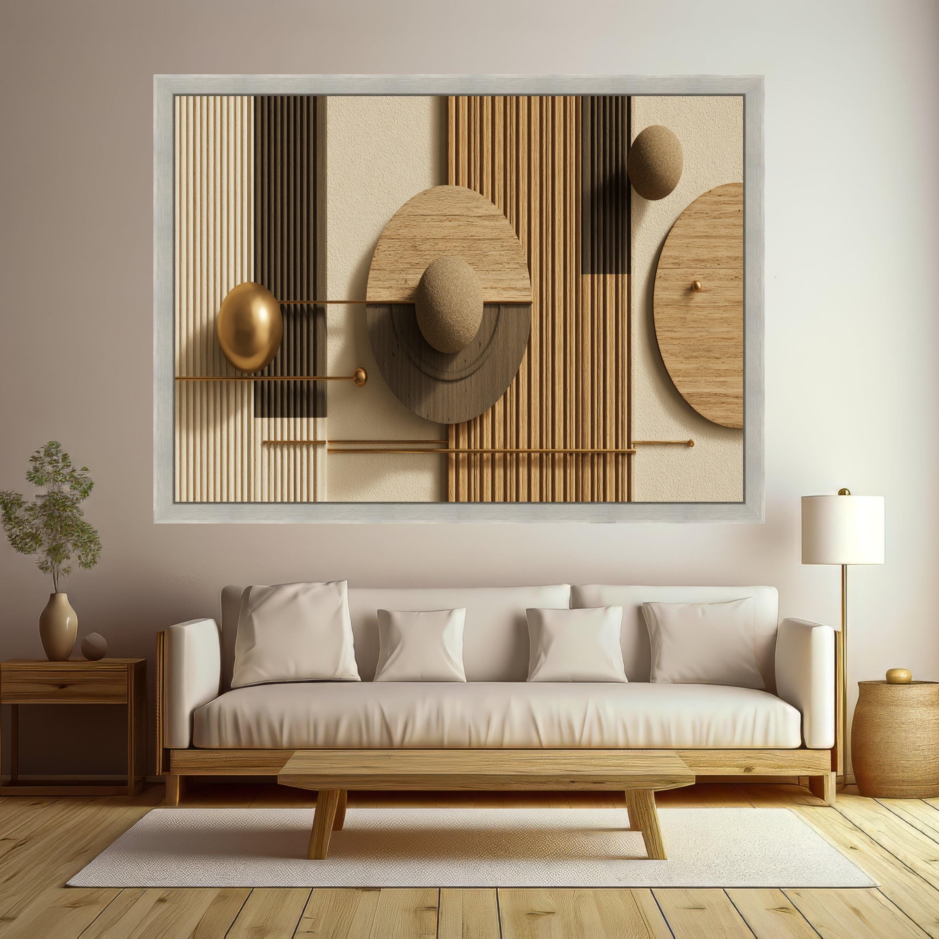 Modern Geometric Wood Canvas, Abstract Wall Art, Spheres and Lines, Neutral Earth Tone Home Decor, Ready to Hang Artwork