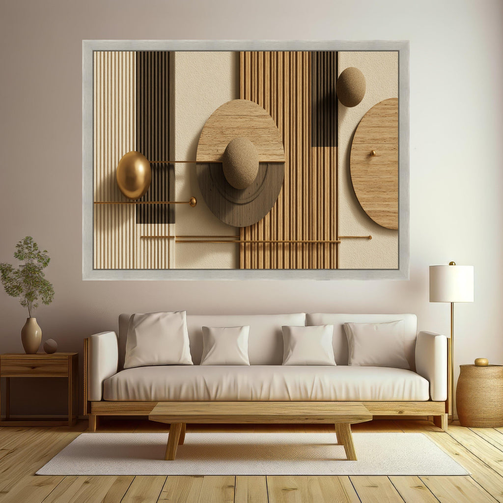 Modern Geometric Wood Canvas, Abstract Wall Art, Spheres and Lines, Neutral Earth Tone Home Decor, Ready to Hang Artwork