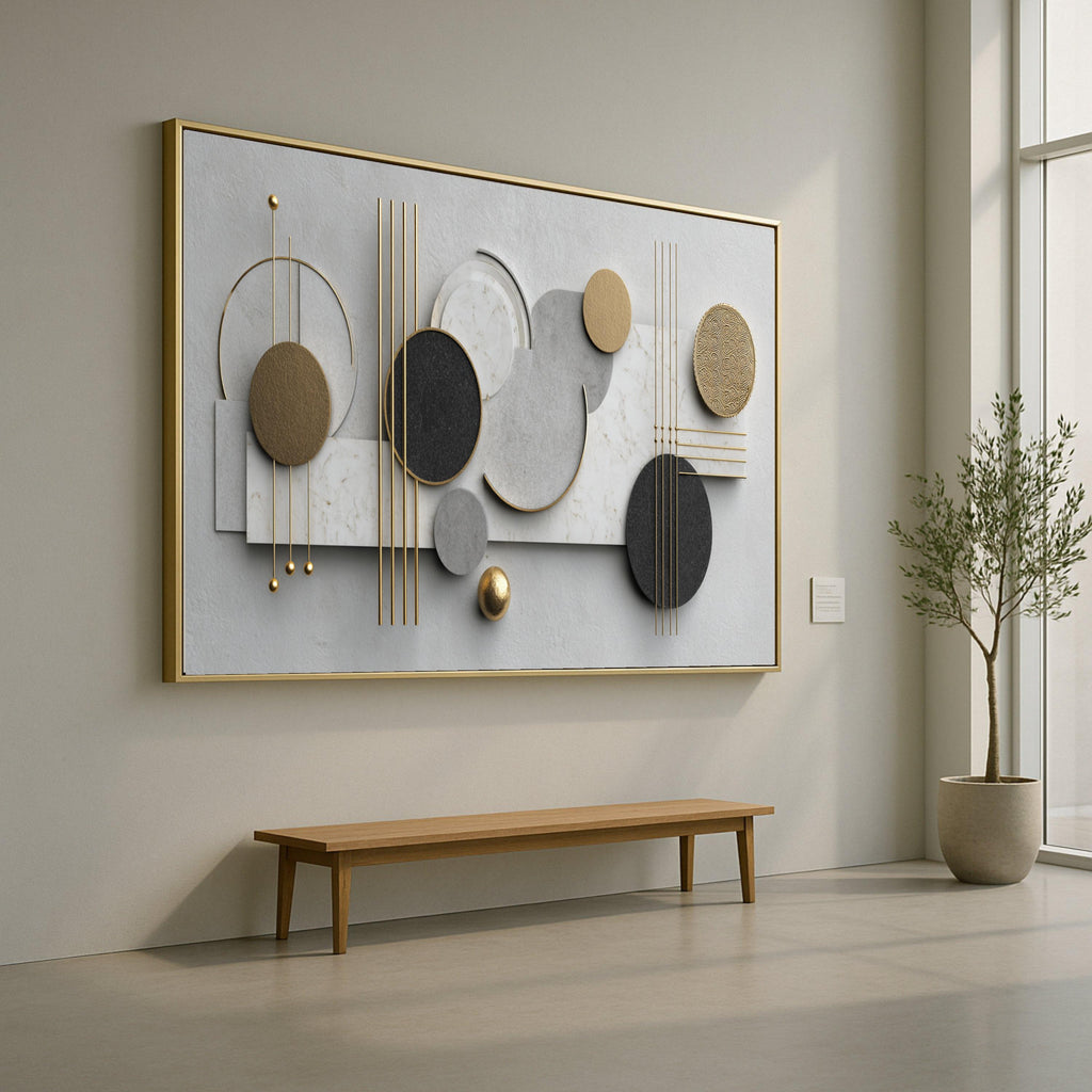 Modern Geometric Abstract Canvas Wall Art, Gold and Marble Circles, Minimalist Design, Luxury Home Decor, Contemporary Wall Sculpture