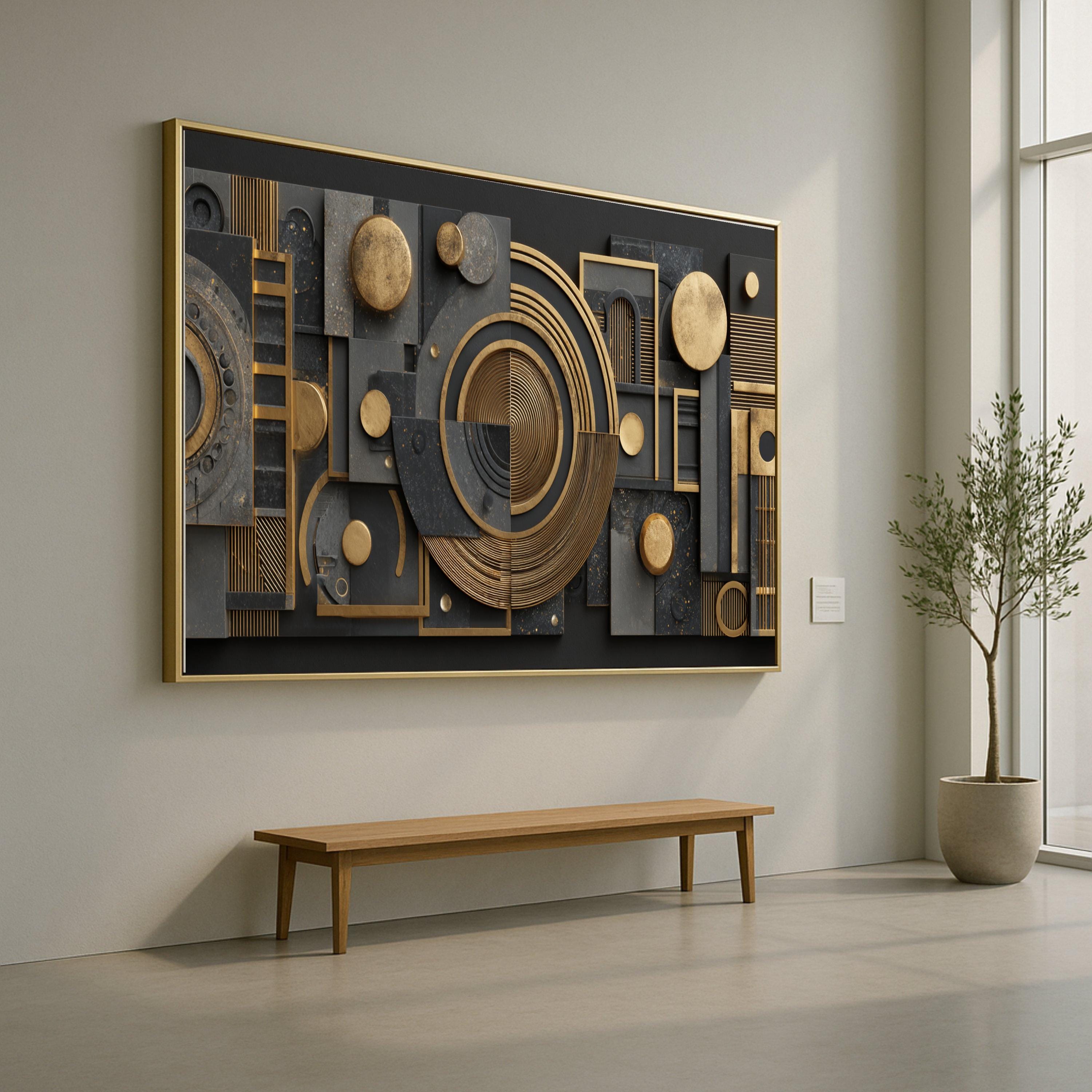 Geometric Gold and Black Abstract Canvas Wall Art, Modern Shape Design, Luxury Metallic Decor, Contemporary Home Decoration, Ready to Hang