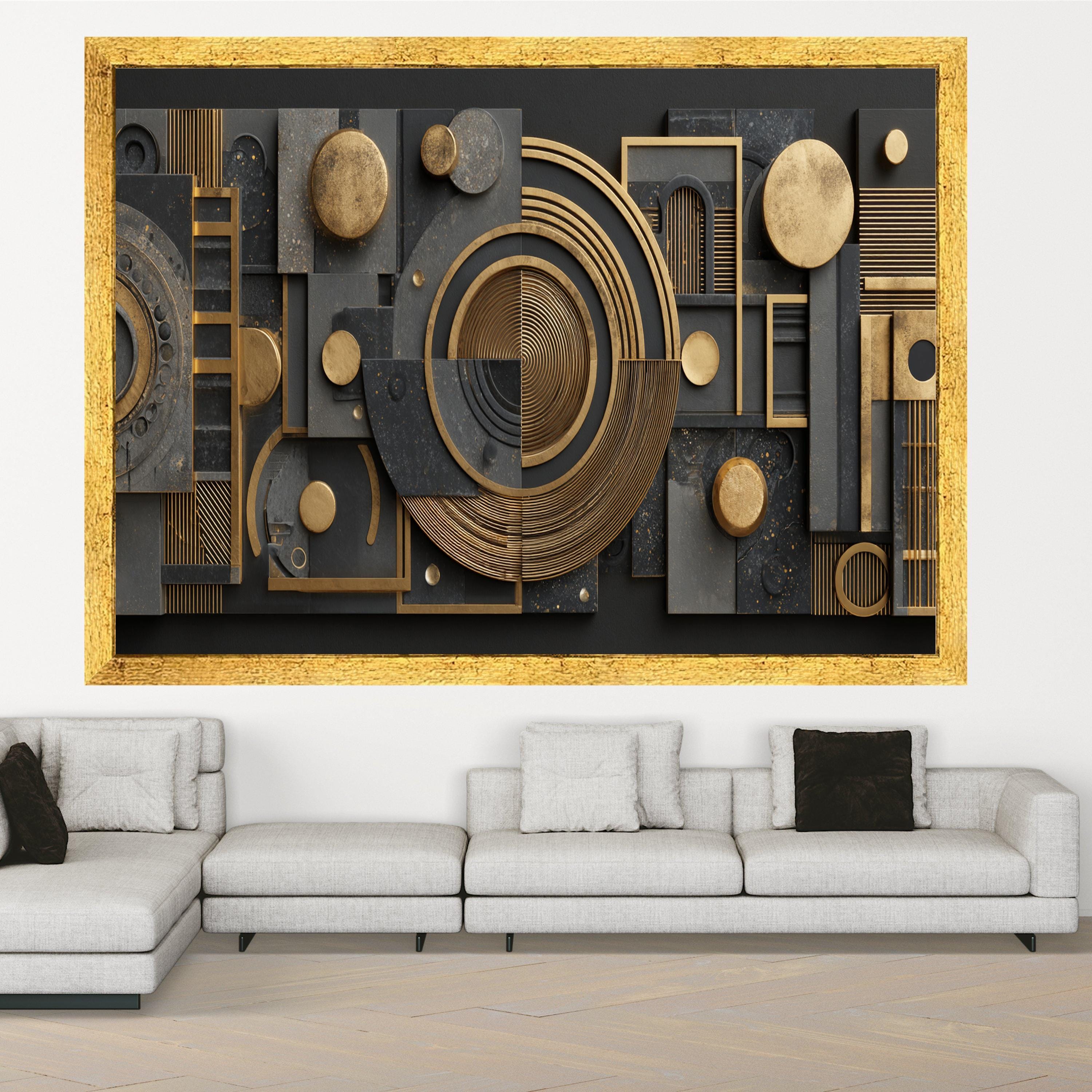 Geometric Gold and Black Abstract Canvas Wall Art, Modern Shape Design, Luxury Metallic Decor, Contemporary Home Decoration, Ready to Hang