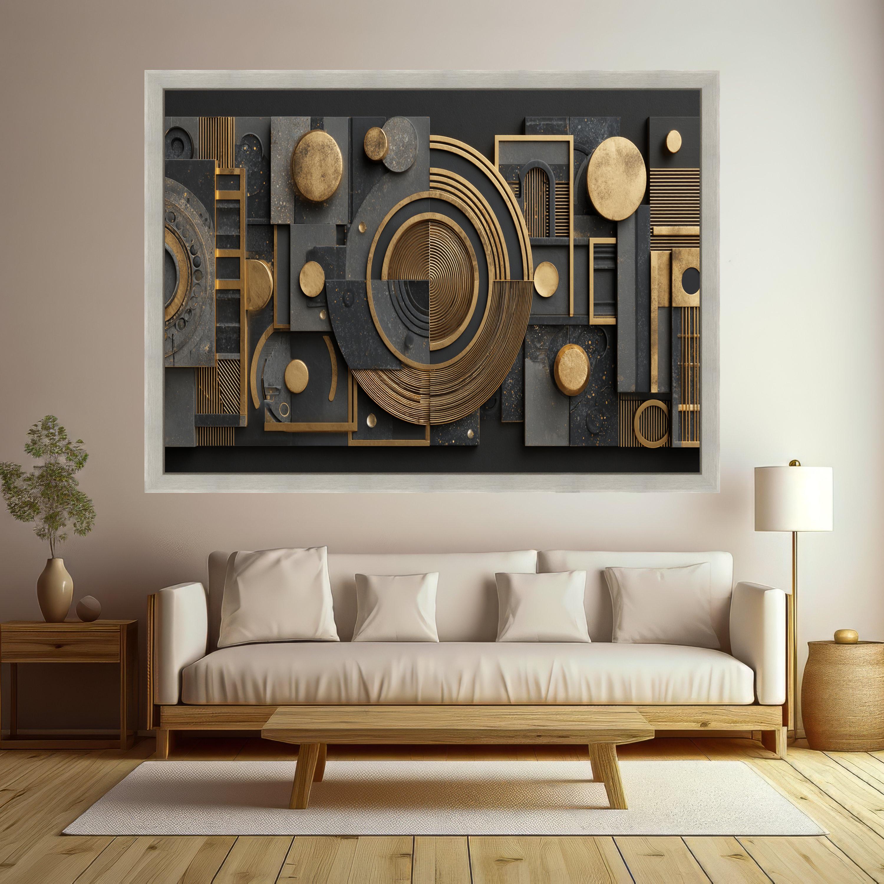 Geometric Gold and Black Abstract Canvas Wall Art, Modern Shape Design, Luxury Metallic Decor, Contemporary Home Decoration, Ready to Hang
