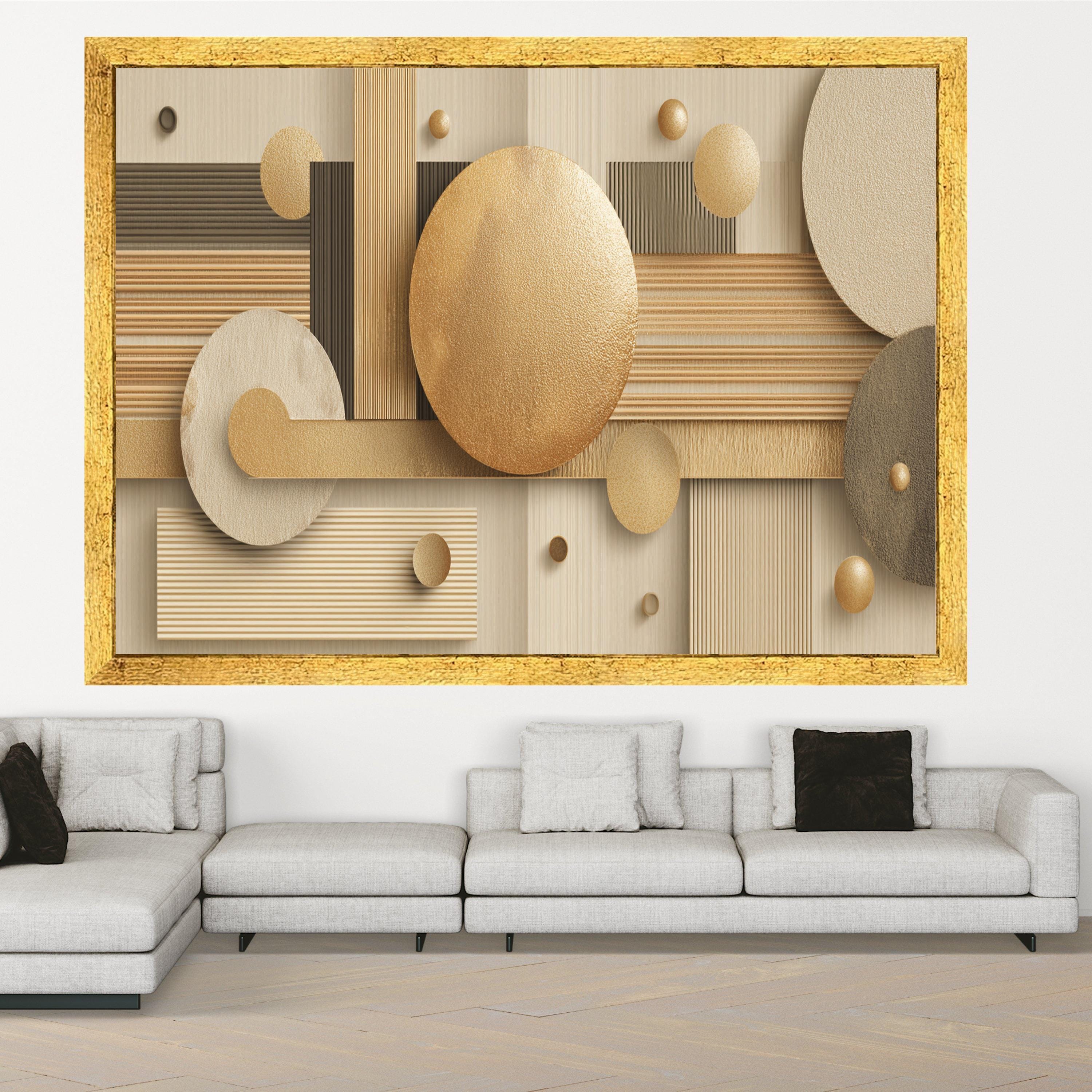 Modern Geometric Circles Canvas Wall Art, Abstract Design, Neutral Gold and Beige Decorative Artwork, Contemporary Home Decor