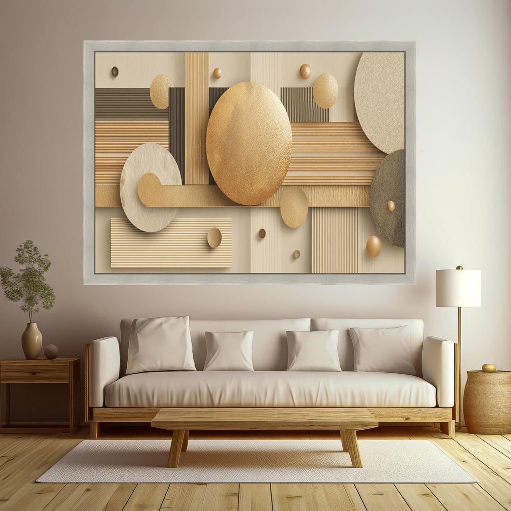 Modern Geometric Circles Canvas Wall Art, Abstract Design, Neutral Gold and Beige Decorative Artwork, Contemporary Home Decor