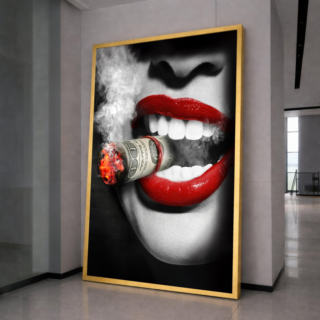 Red Lips Smoking Money, Modern Pop Art, Bold Wall Art, Graphic Print Decor