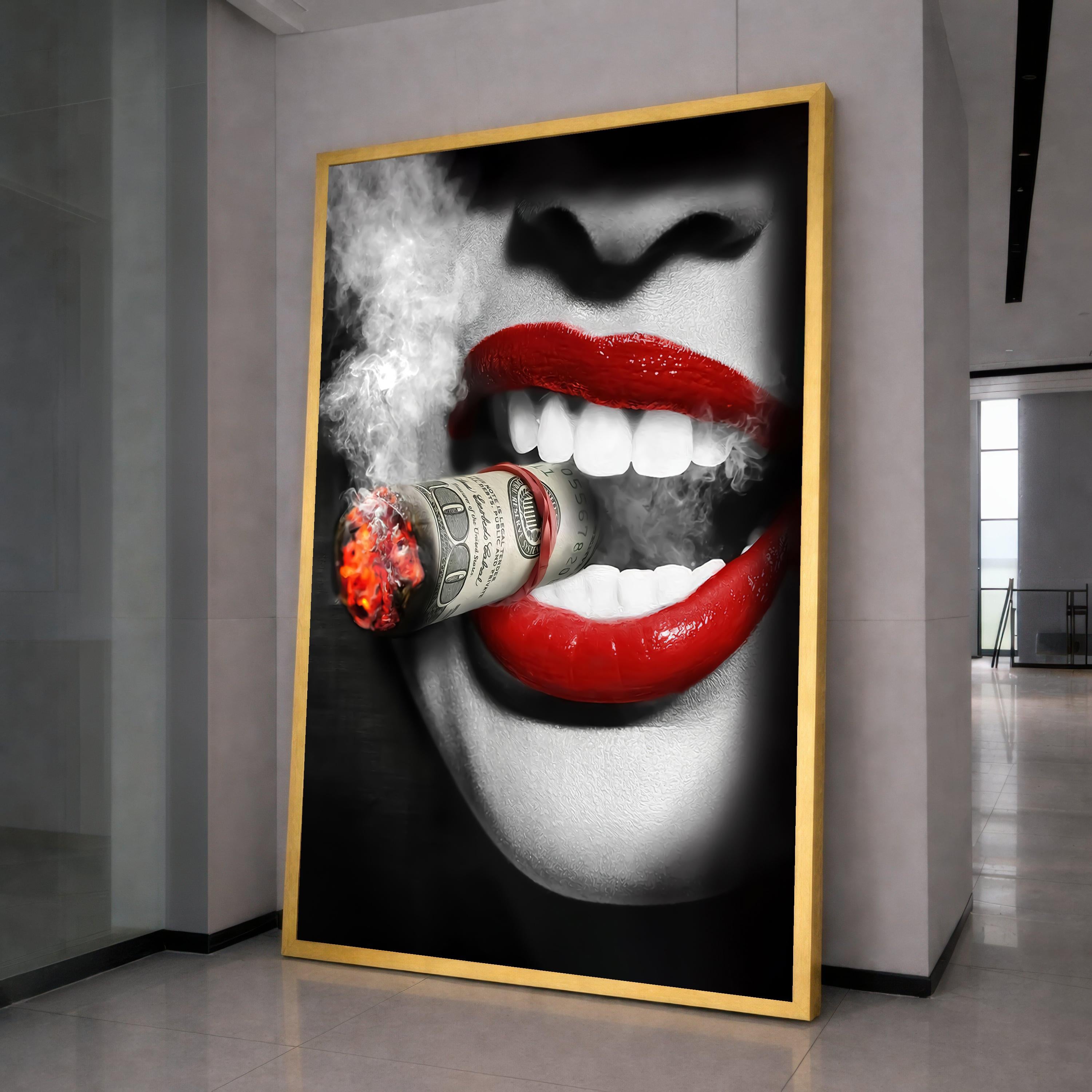 Red Lips Smoking Money, Modern Pop Art, Bold Wall Art, Graphic Print Decor
