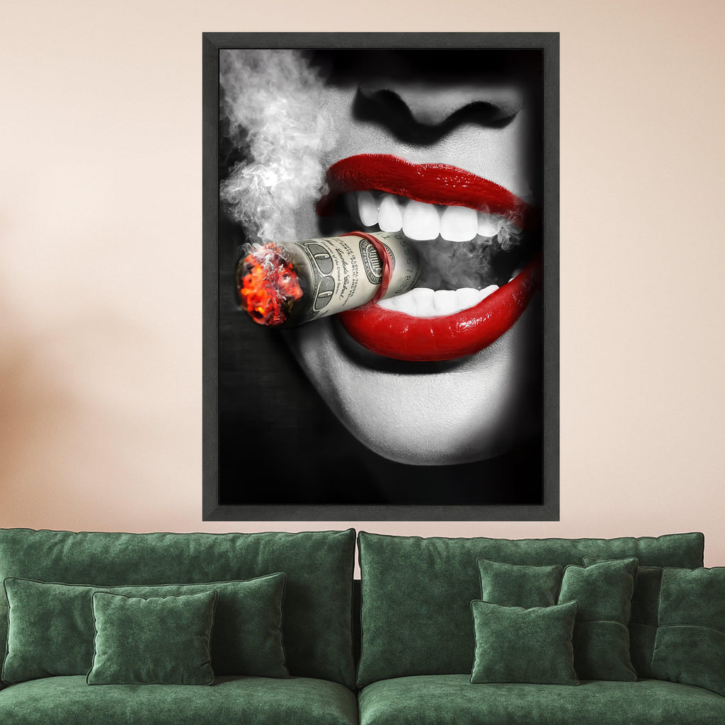 Red Lips Smoking Money, Modern Pop Art, Bold Wall Art, Graphic Print Decor