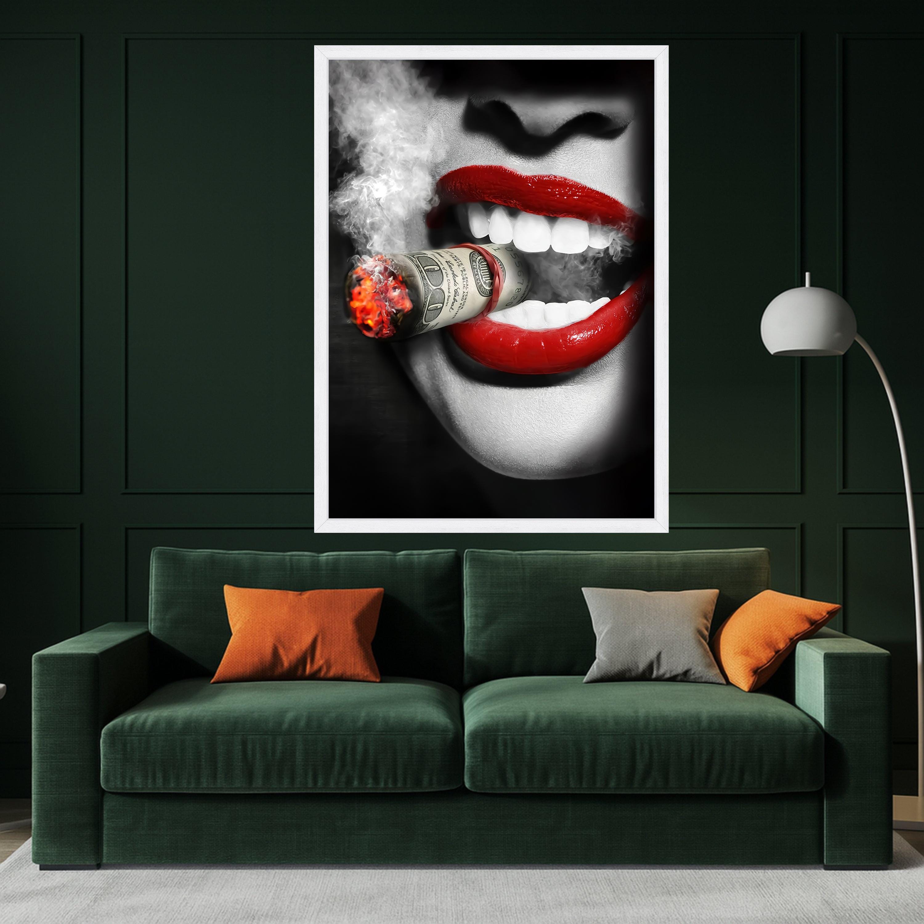 Red Lips Smoking Money, Modern Pop Art, Bold Wall Art, Graphic Print Decor