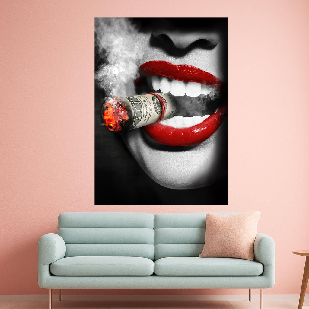 Red Lips Smoking Money, Modern Pop Art, Bold Wall Art, Graphic Print Decor
