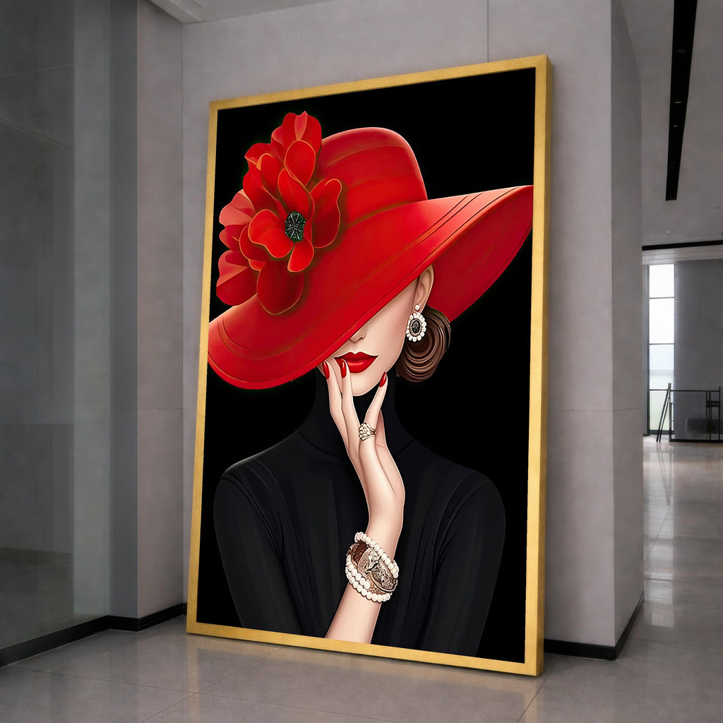 Elegant Woman with Red Hat Canvas Art, Fashion Wall Art, Portrait Print, Stylish Home Decor