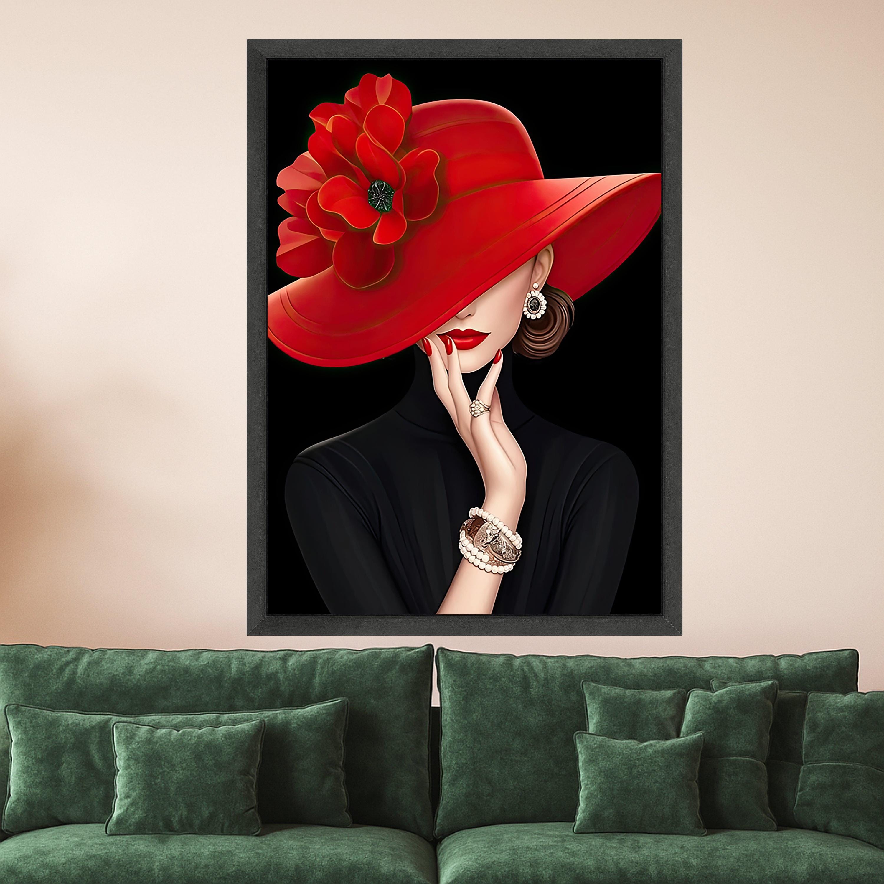Elegant Woman with Red Hat Canvas Art, Fashion Wall Art, Portrait Print, Stylish Home Decor
