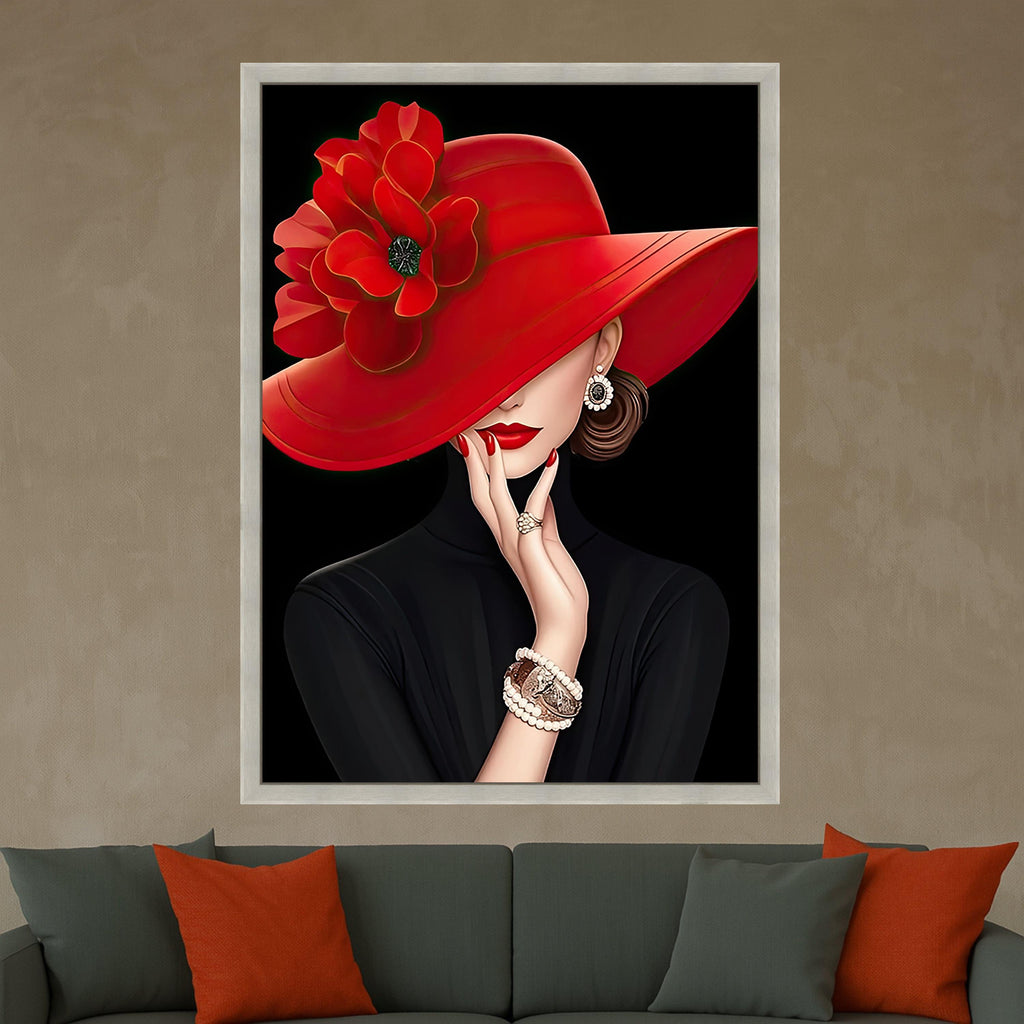Elegant Woman with Red Hat Canvas Art, Fashion Wall Art, Portrait Print, Stylish Home Decor
